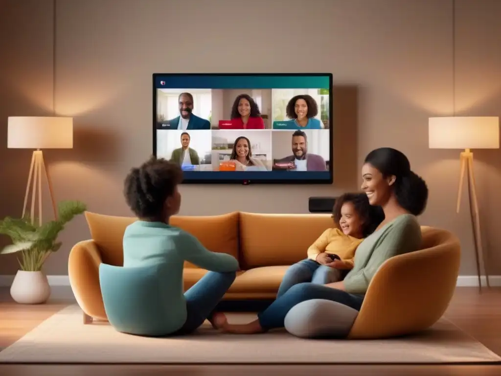 Reunión familiar virtual llena de sonrisas Reuniones familiares virtuales en videoconferencia: Familia sonriendo y saludando a la pantalla en acogedora sala iluminada