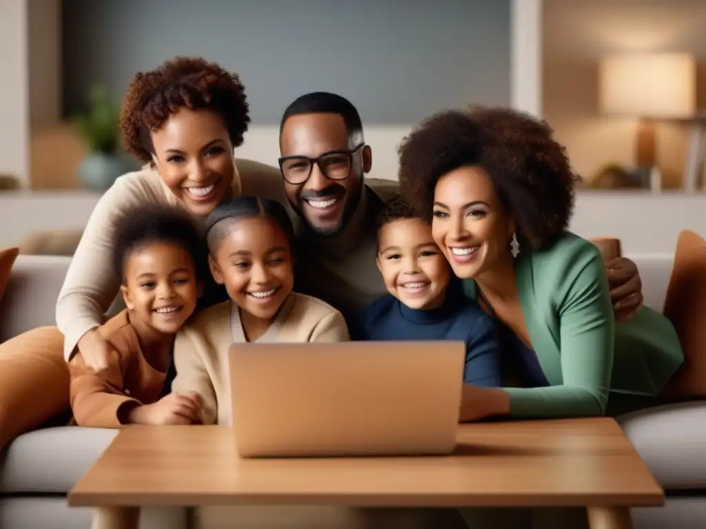 Reunión familiar virtual: conexión y sonrisas Reuniones familiares virtuales en videoconferencia: Familia diversa sonríe y se reúne alrededor de una computadora en una sala elegante y acogedora