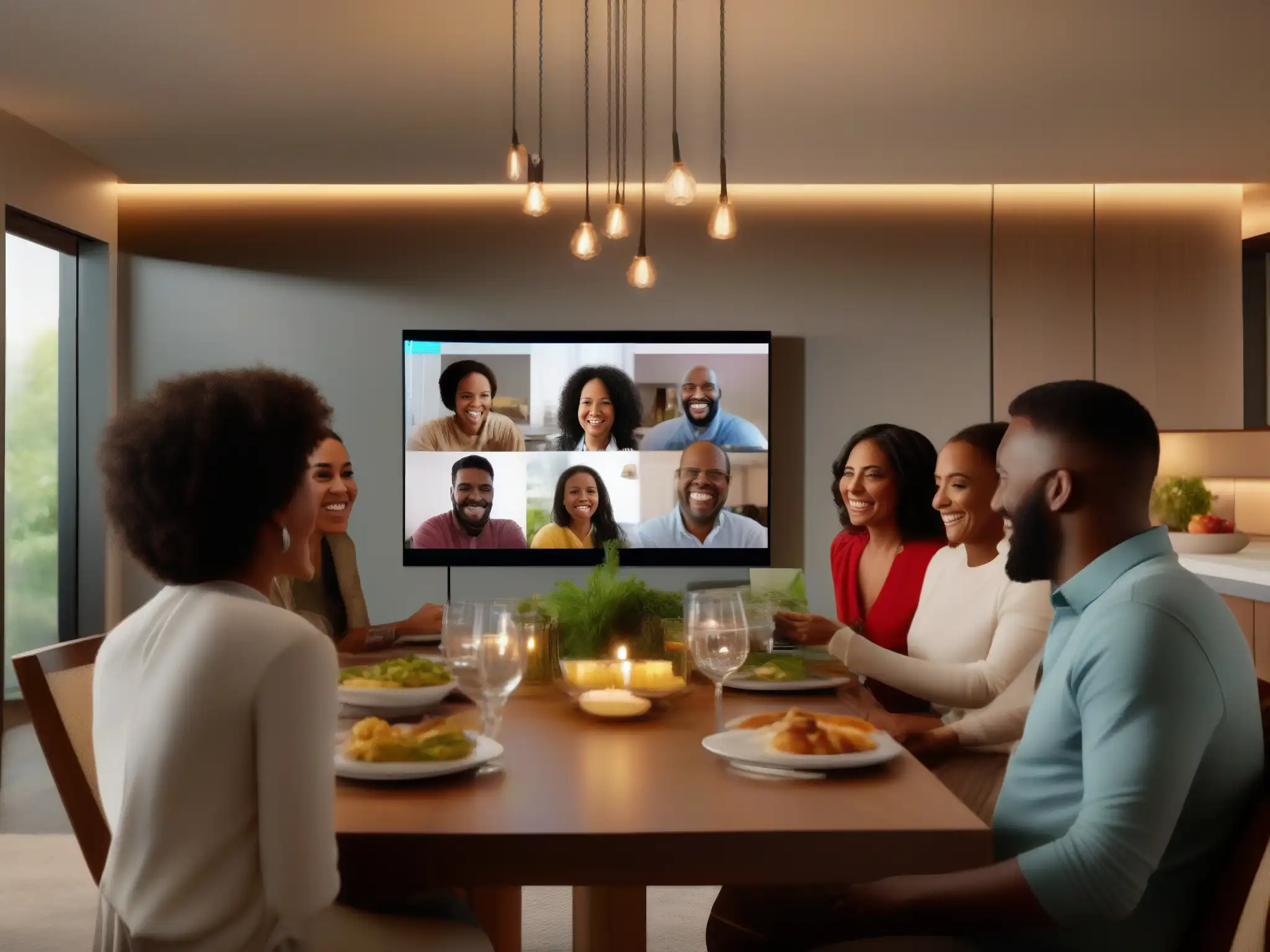 Reunión familiar virtual: tradición y tecnología Reuniones familiares virtuales en videoconferencia: Familia sonriente en torno a la mesa, con pantalla mostrando video llamada