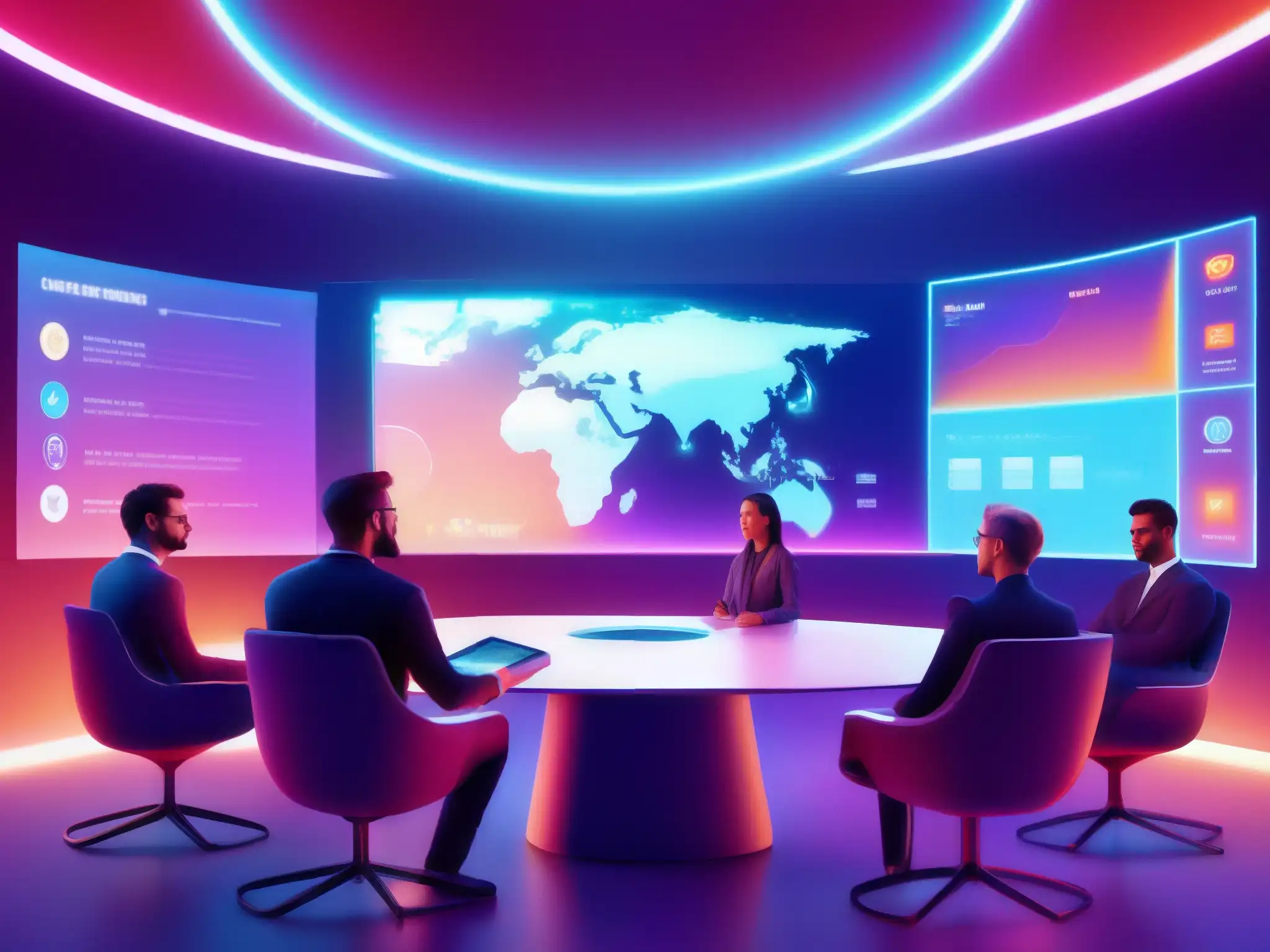 Sala de reuniones virtuales futurista con presentación gamificada Reuniones online de startups con gamificación en una sala virtual futurista