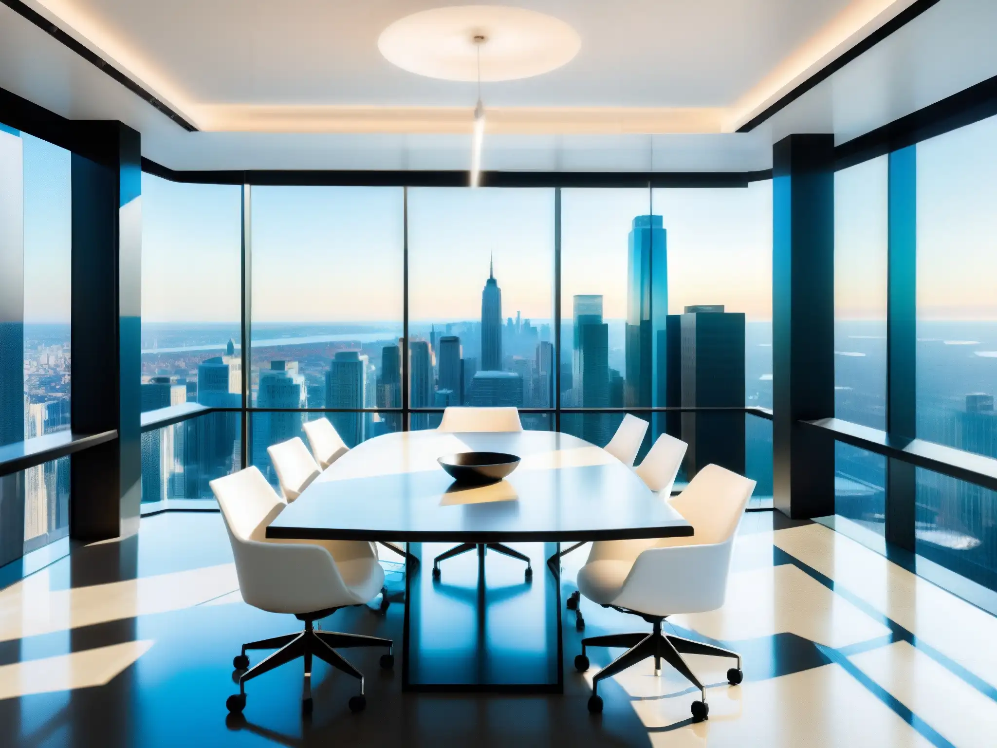Reunión virtual en sala de conferencias con vista a la ciudad 'Reuniones virtuales en sector inmobiliario: Sala de conferencias moderna con vista a la ciudad, profesionales en reunión virtual con AnyMeeting