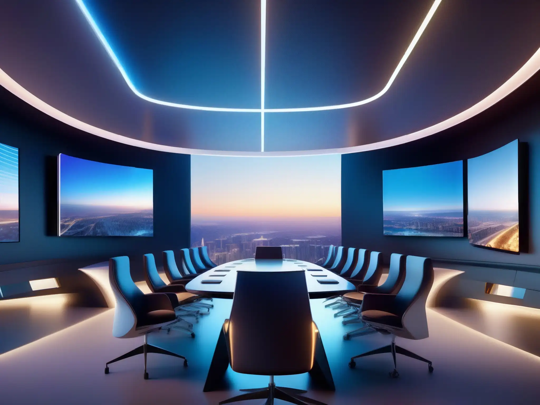 Salón de Realidad Virtual Futurista en 8K Reuniones virtuales en sector inmobiliario: Sala de conferencias futurista con profesionales usando auriculares de realidad virtual