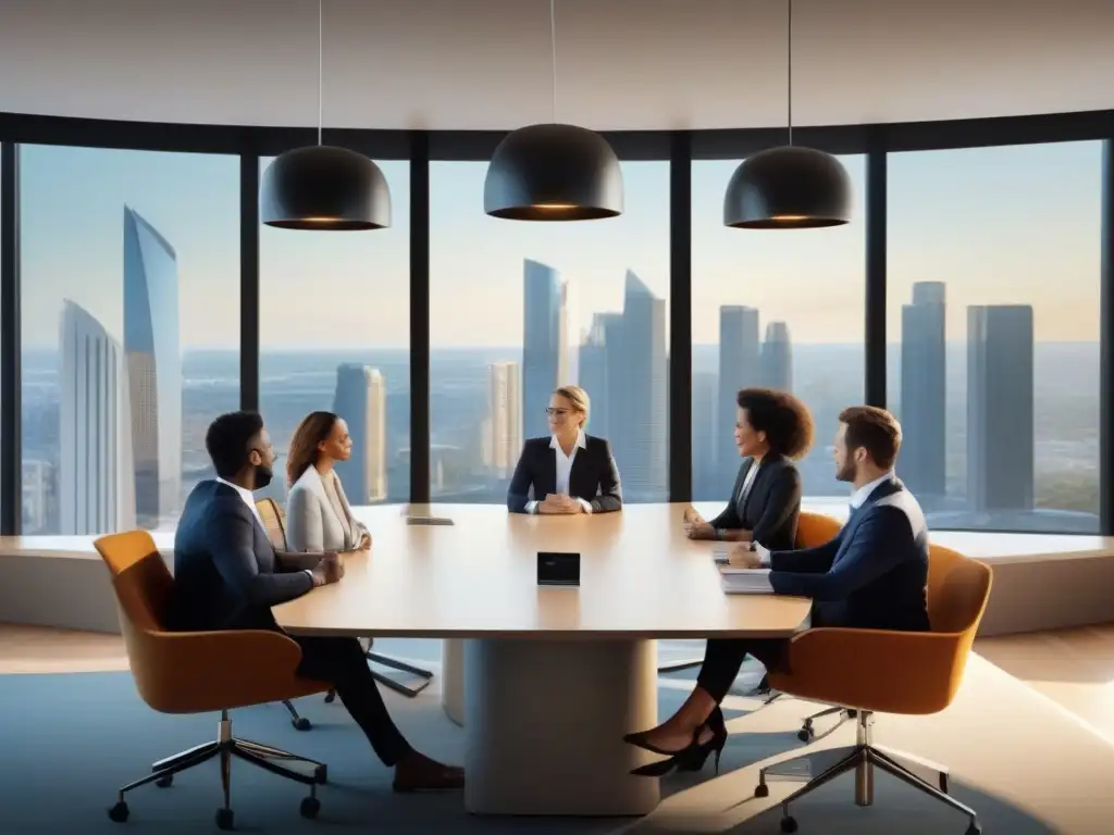 Reunión virtual de agentes inmobiliarios en sala moderna y luminosa Reuniones virtuales en sector inmobiliario: Sala de reuniones virtual con agentes inmobiliarios profesionales, ambiente cálido y productividad