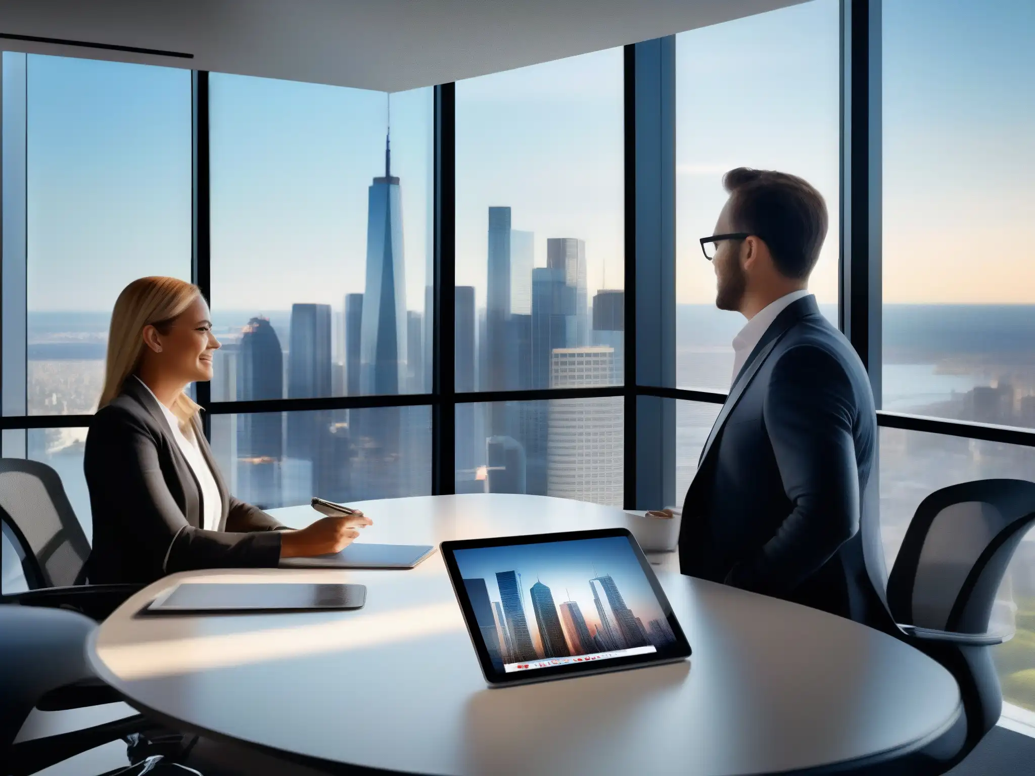 Oficina inmobiliaria moderna con reunión virtual en AnyMeeting Reuniones virtuales en sector inmobiliario: Agentes de Remax en moderna oficina realizando una reunión virtual en AnyMeeting con vista a la ciudad