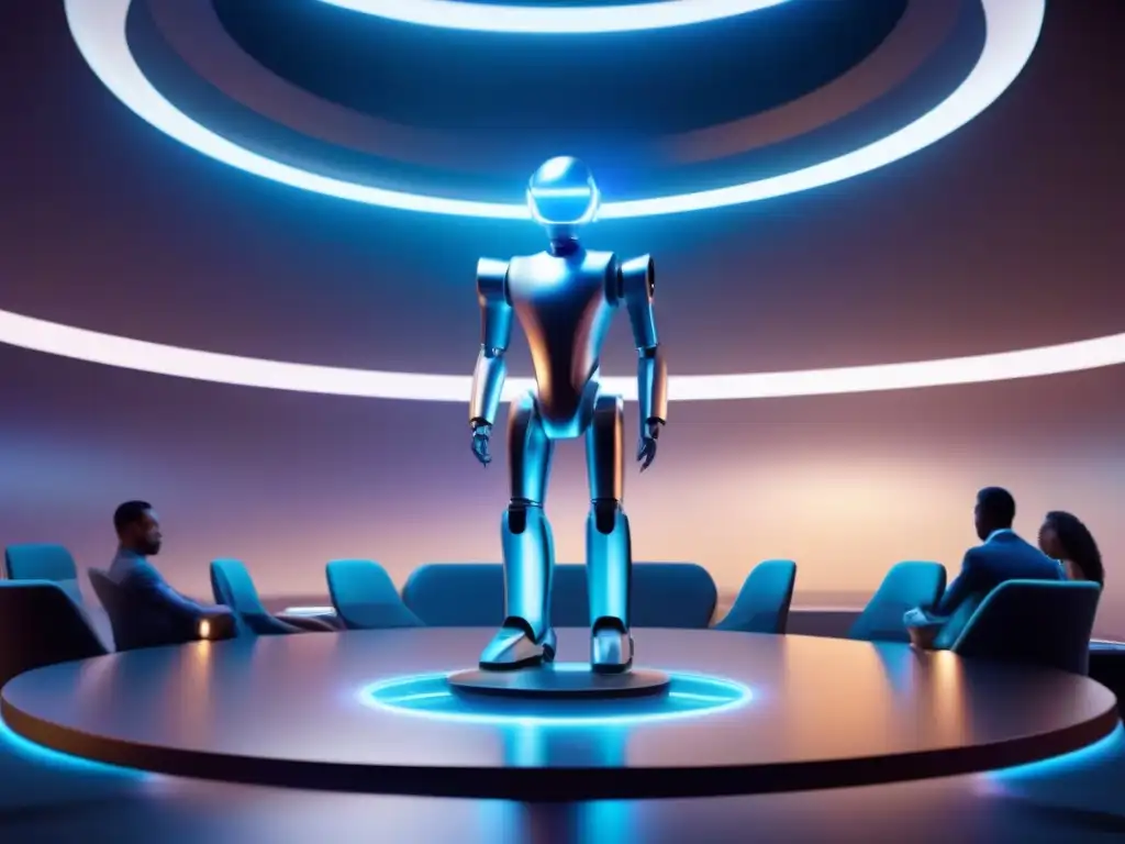 Robot humanoide interactúa en sala de reuniones virtual futurista Un robot futurista se destaca en una sala virtual de reuniones, interactuando con humanos