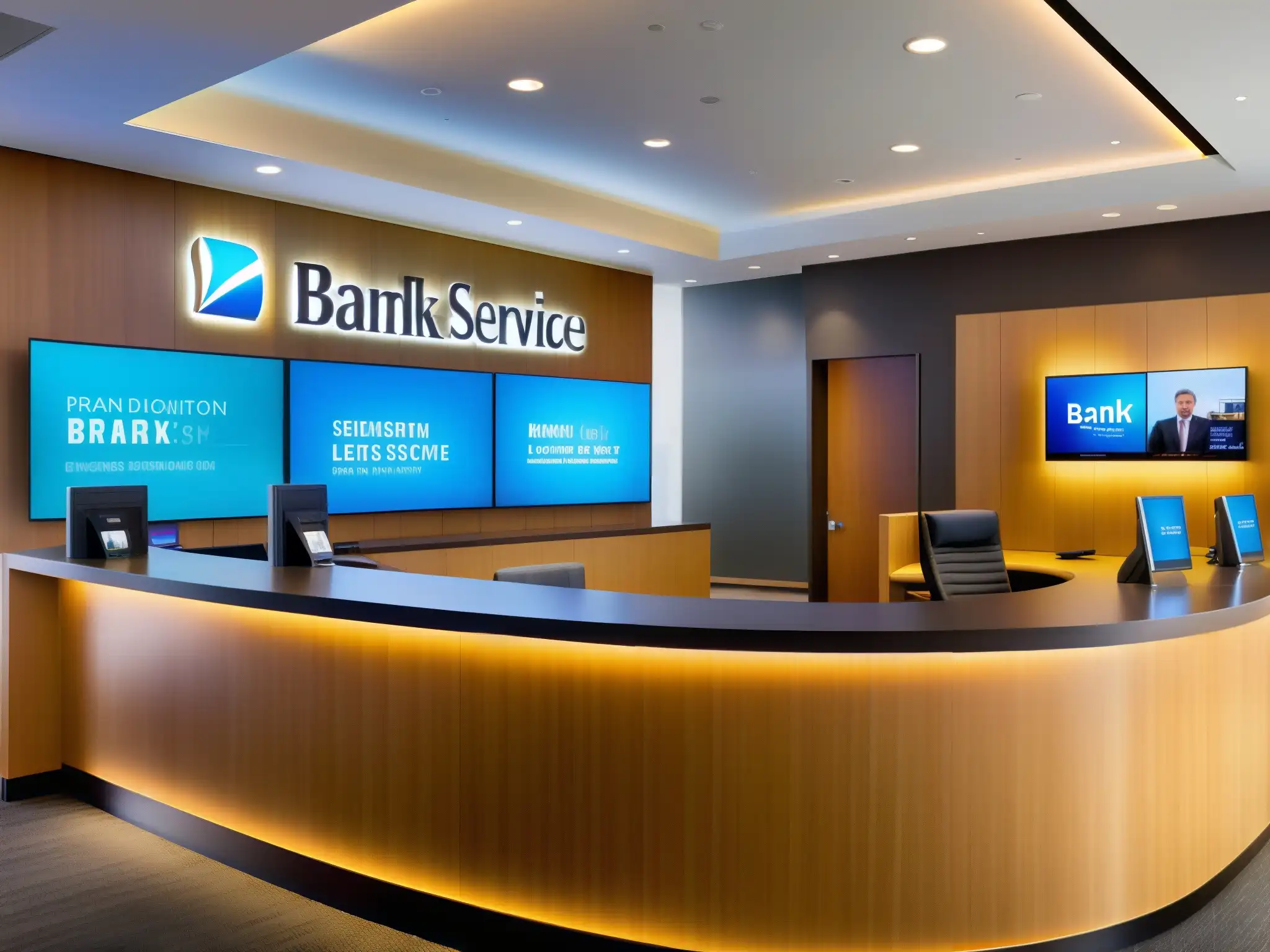 Interior moderno y acogedor de sucursal bancaria Sala de atención al cliente en sucursal bancaria moderna con ambiente cálido y profesional