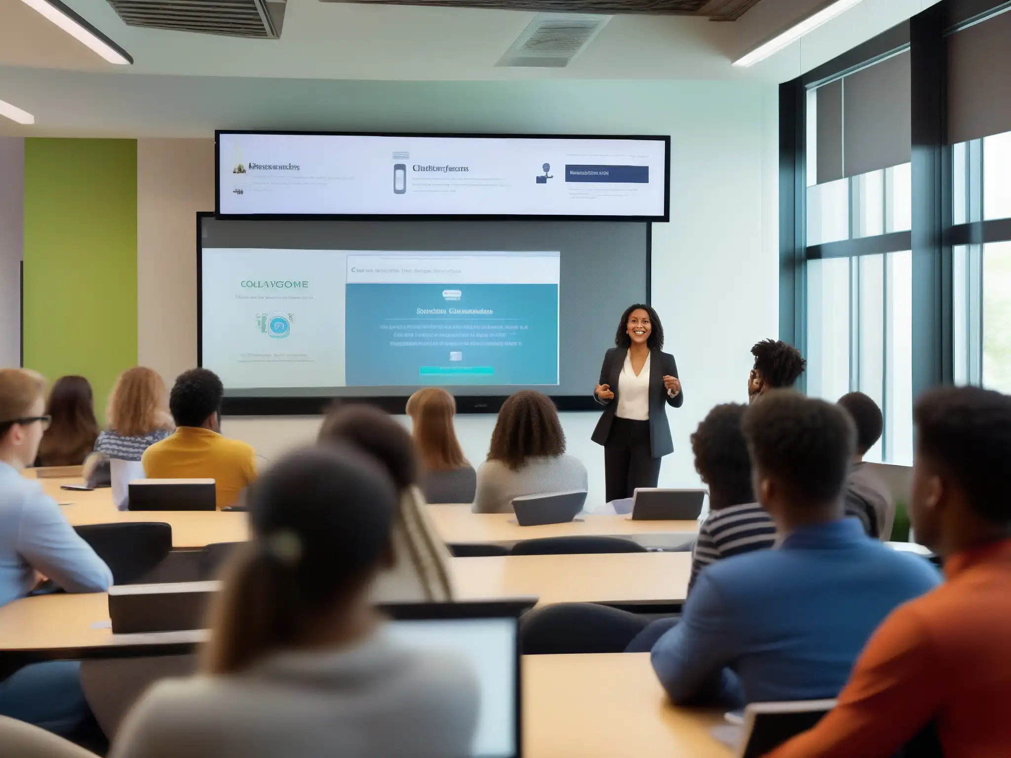 Clase virtual interactiva con tecnología moderna Una sala de clases virtual con las mejores herramientas de videoconferencia profesionales, estudiantes participativos y un instructor líder