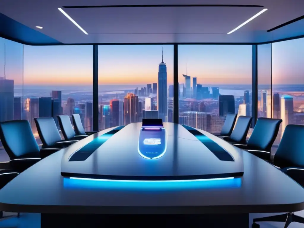Sala de conferencias futurista con tecnología 5G y IoT Una sala de conferencias futurista con tecnología IoT y 5G, videoconferencias hiperconectadas en IoT en un entorno dinámico y colaborativo