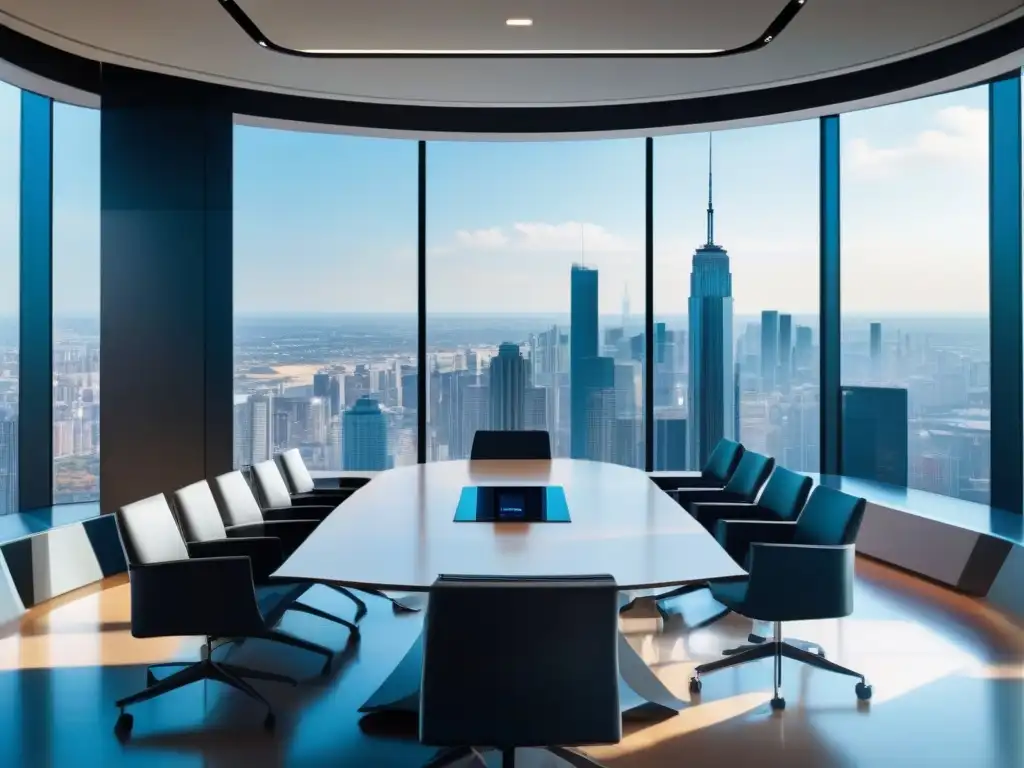 Sala de conferencias futurista y tecnológica con vista a la ciudad Una sala de conferencias futurista con tecnología de videoconferencia de vanguardia, reflejando las tendencias tecnológicas en videoconferencias profesionales