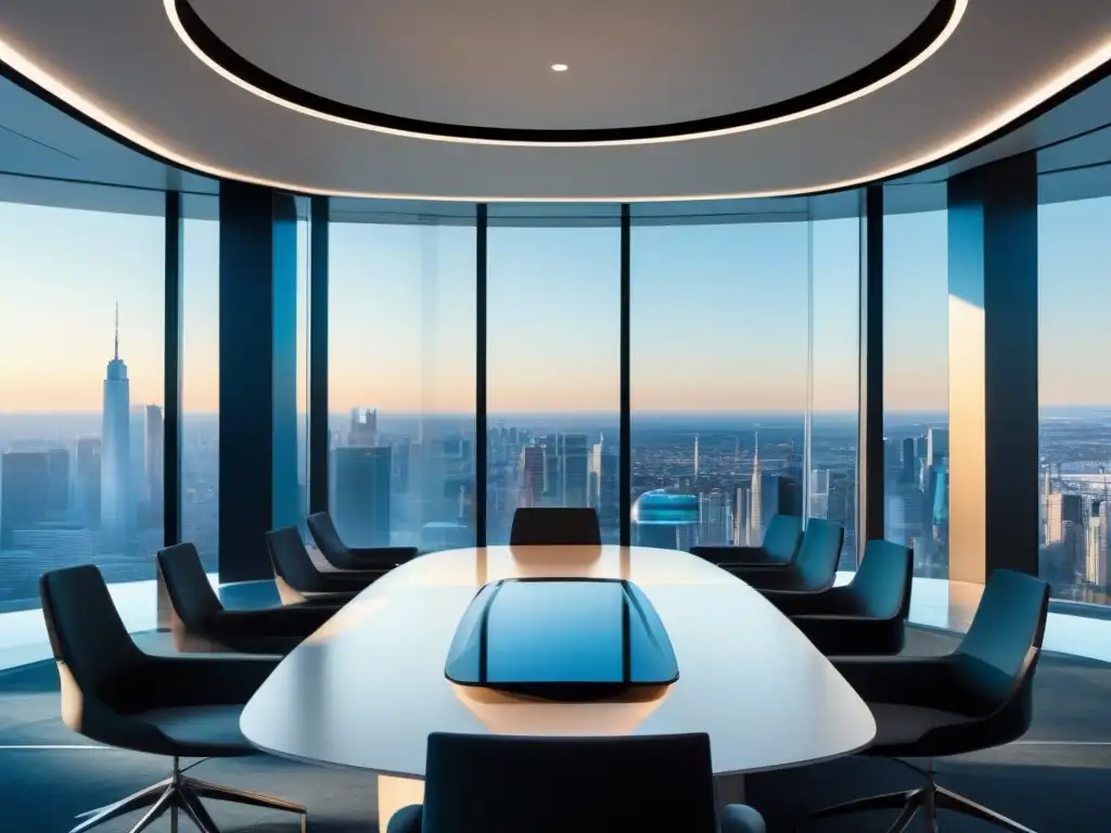 Sala de conferencias futurista con tecnología de vanguardia Una sala de conferencias futurista con tecnología de vanguardia, iluminación natural y una vista impresionante de la ciudad