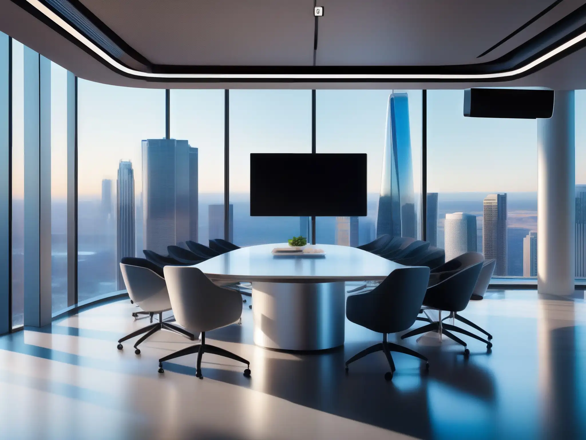 Oficina futurista para videoconferencias de alta tecnología Una sala de conferencias futurista con tecnología avanzada para automatización de tareas y productividad en videoconferencias