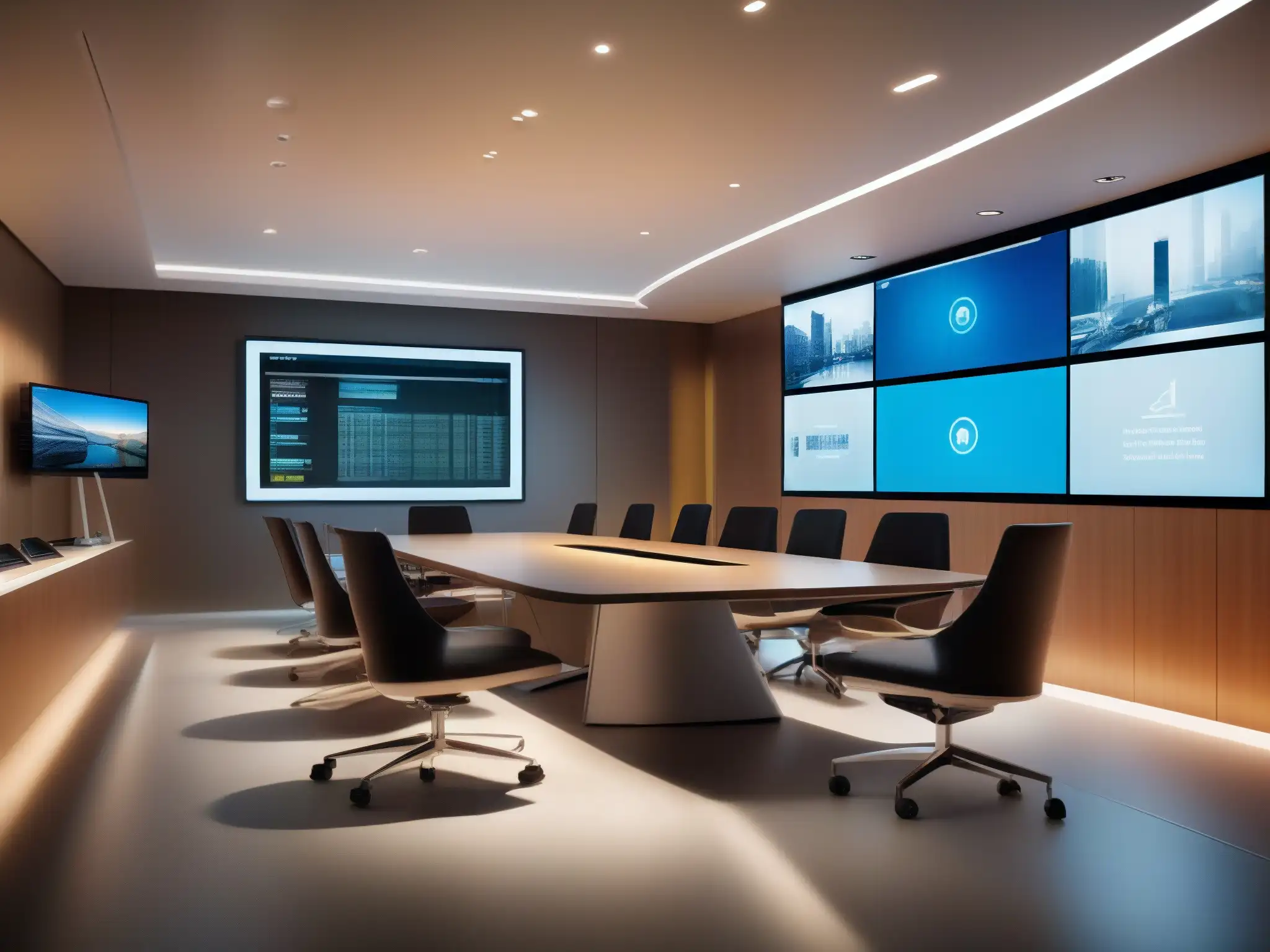 Sala de conferencias futurista con videoconferencia AI avanzada Una sala de conferencias futurista con videoconferencias inteligentes con IA, bañada en luz natural y tecnología de vanguardia