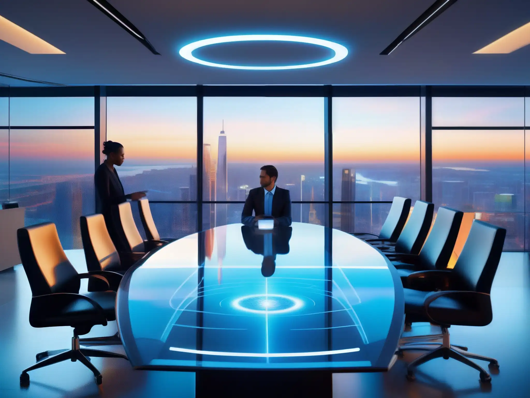 Sala de conferencias futurista con asistente virtual holográfico Una sala de conferencias moderna con asistentes virtuales en videoconferencia profesional, elegante y luminosa