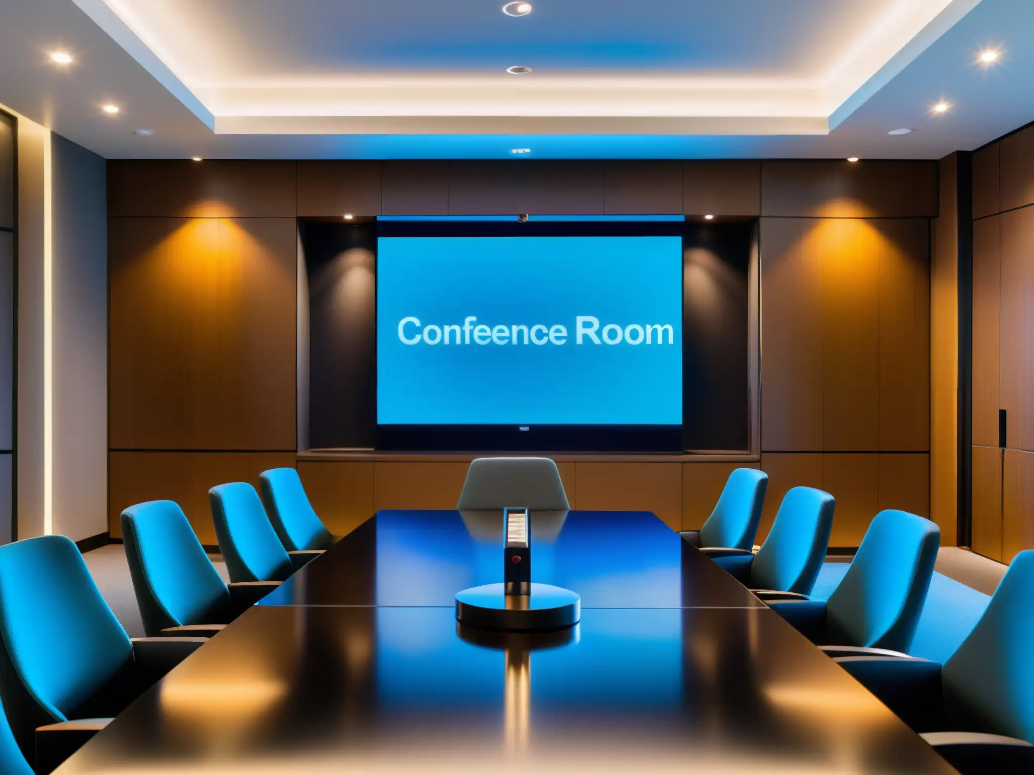Sala de conferencias de alta tecnología para reuniones virtuales Una sala de conferencias moderna y elegante con equipo de video y audio de última generación, ideal para comparativa Zoom Google Meet PYME