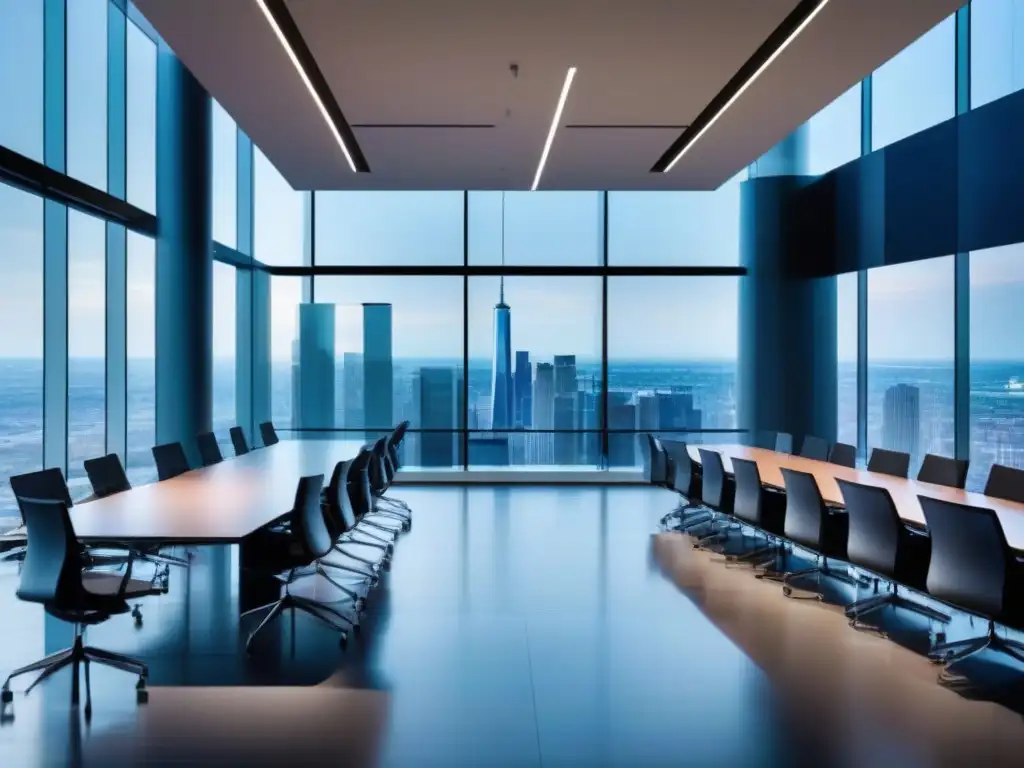 Sala de conferencias moderna con vista a la ciudad y tecnología de vanguardia Una sala de conferencias moderna y elegante con vistas a la ciudad