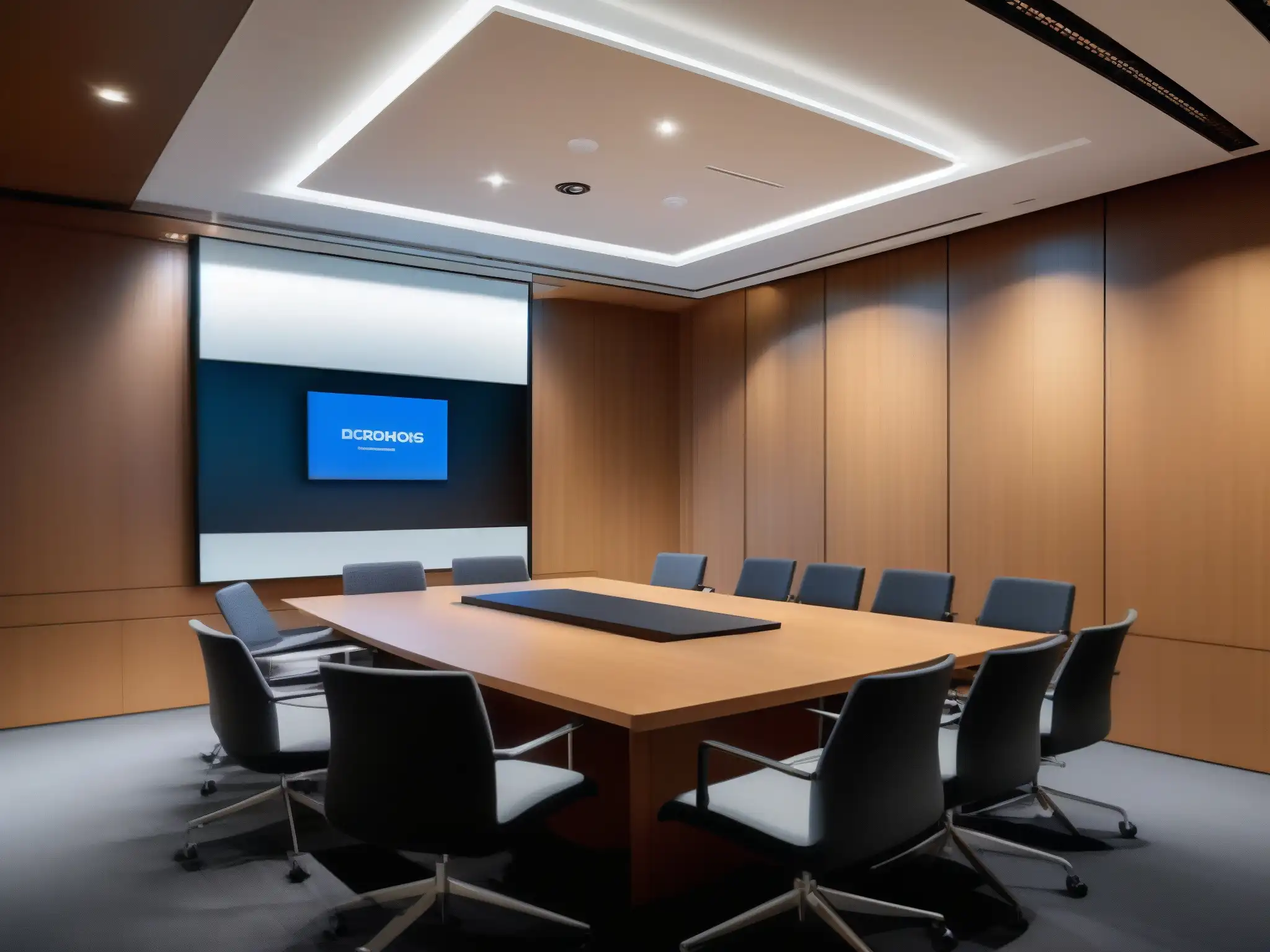 Salón de conferencias de vanguardia: tecnología y elegancia Una sala de conferencias moderna y elegante con hardware de última generación y plataformas compatibles para un entorno profesional de alto nivel