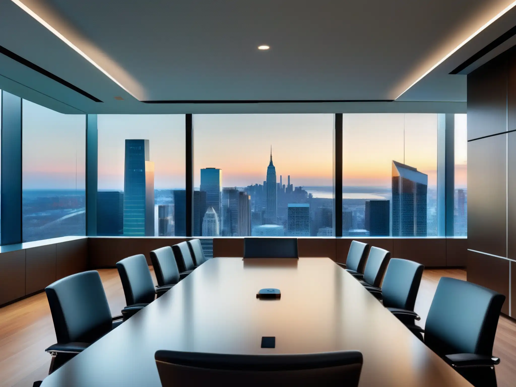 Oficina legal moderna con vista panorámica urbana Una sala de conferencias moderna y elegante en una oficina de abogados, con tecnología de videoconferencia de vanguardia y mobiliario minimalista