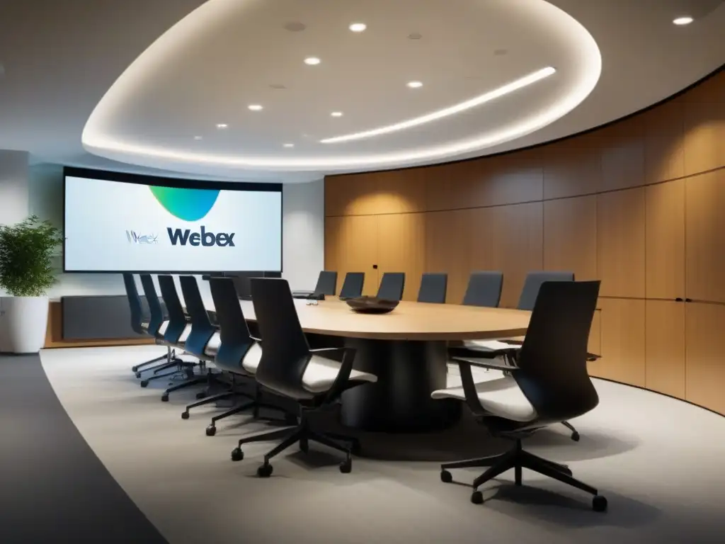 Sala de conferencias moderna con Cisco Webex Una sala de conferencias moderna y elegante con la interfaz de Cisco Webex en una pantalla curva, bañada en luz natural