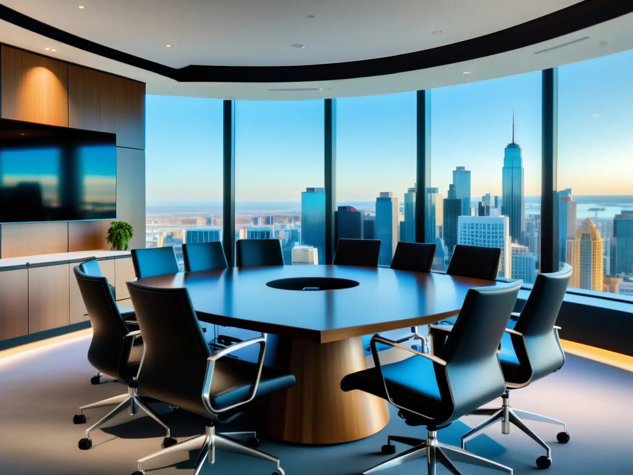 Sala de conferencias moderna y productiva con vistas a la ciudad Una sala de conferencias moderna y elegante con organización de agendas en videoconferencias, rodeada de luz natural y productividad