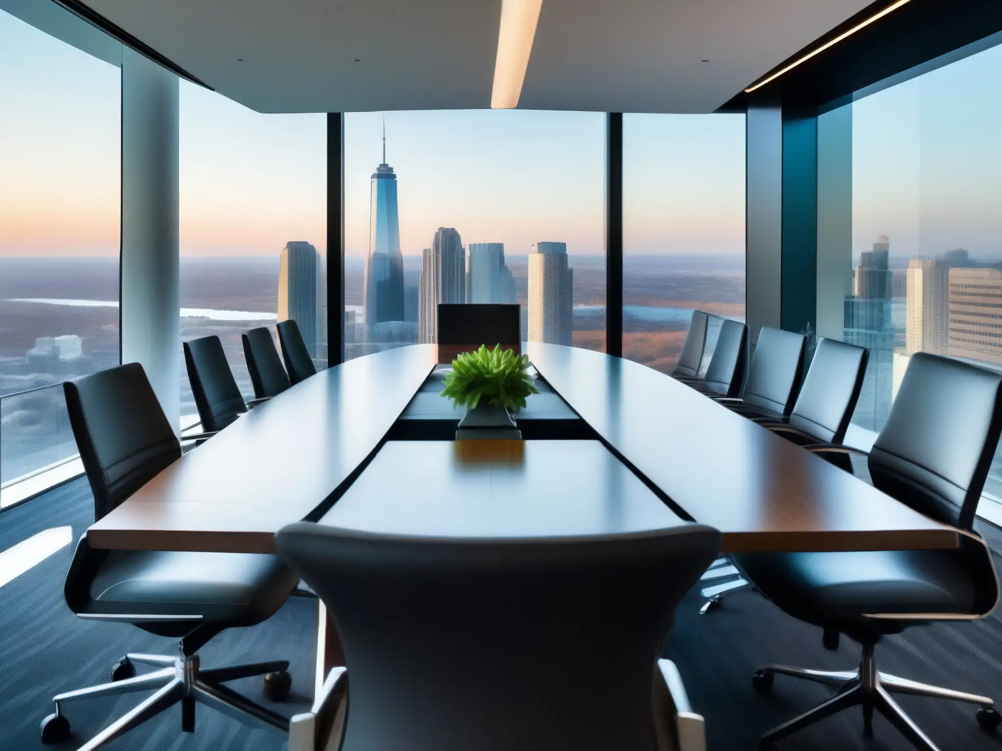 Sala de conferencias de alta tecnología con vista panorámica a la ciudad Una sala de conferencias moderna y elegante con vistas a la ciudad