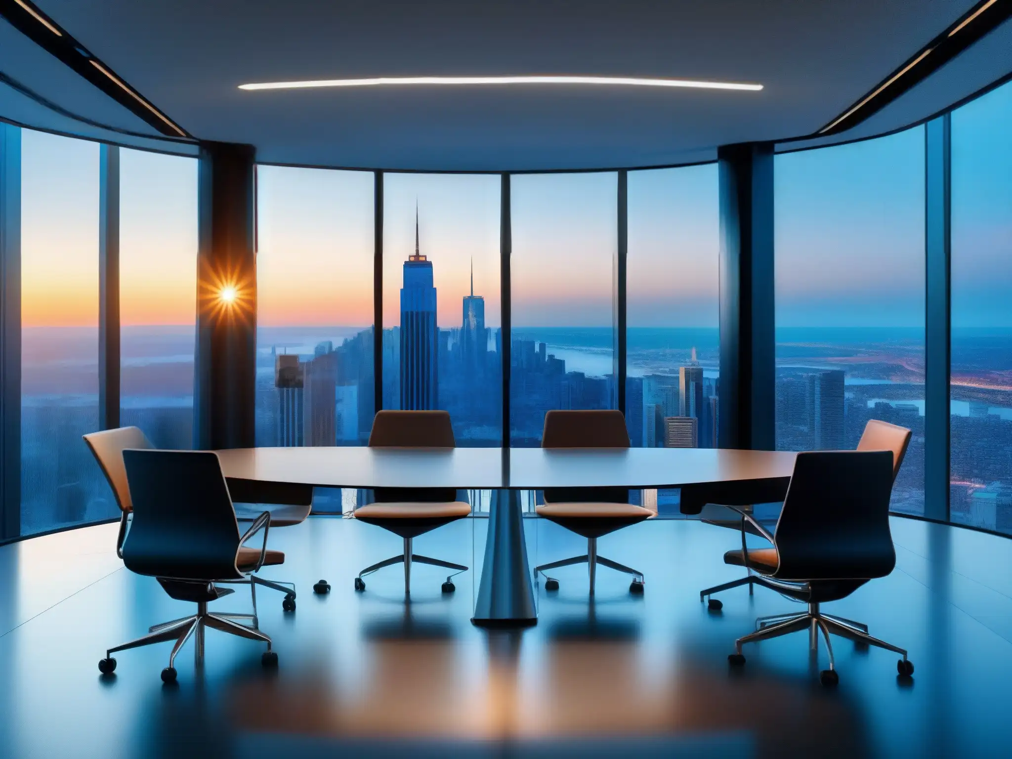 Sala de conferencias ultramoderna con vista panorámica a la ciudad Una sala de conferencias moderna y elegante con vista panorámica a la ciudad, equipada con tecnología de videoconferencia y la interfaz de GoToMeeting