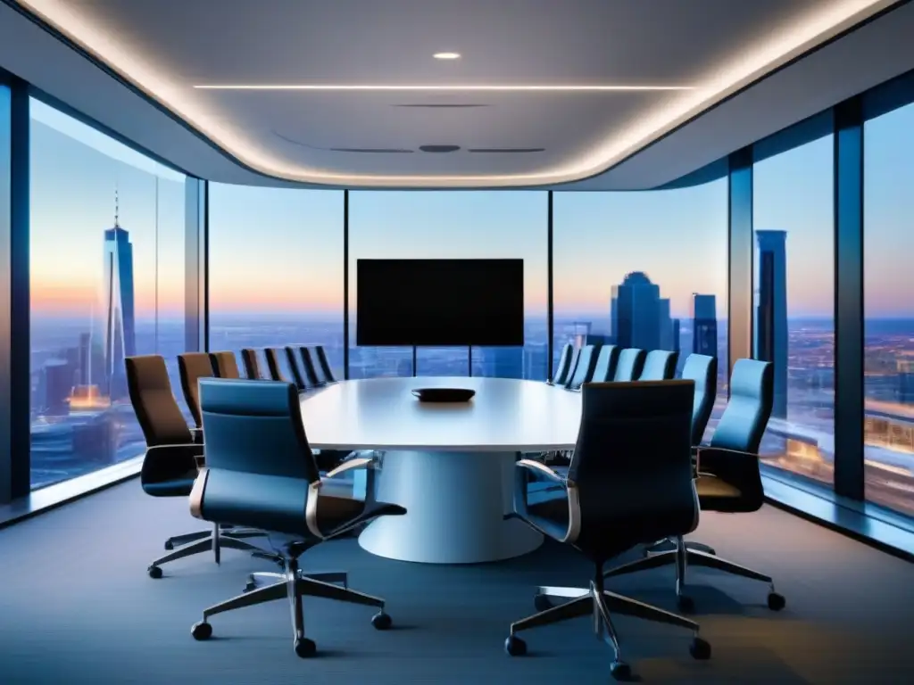 Moderna sala de conferencias con vista panorámica de la ciudad en 8k Una sala de conferencias moderna y elegante con tecnología de videoconferencia de vanguardia y una vista panorámica de la ciudad