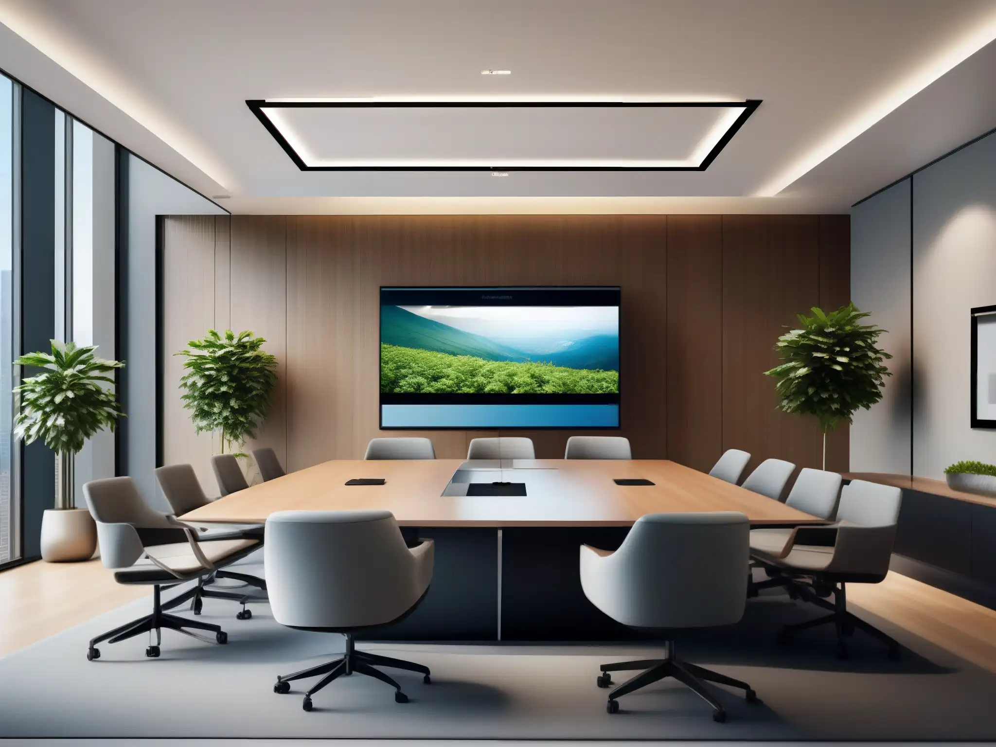 Espacio de videoconferencias de alta gama para entornos corporativos Una sala de conferencias moderna y elegante, con equipo de videoconferencia de alta tecnología