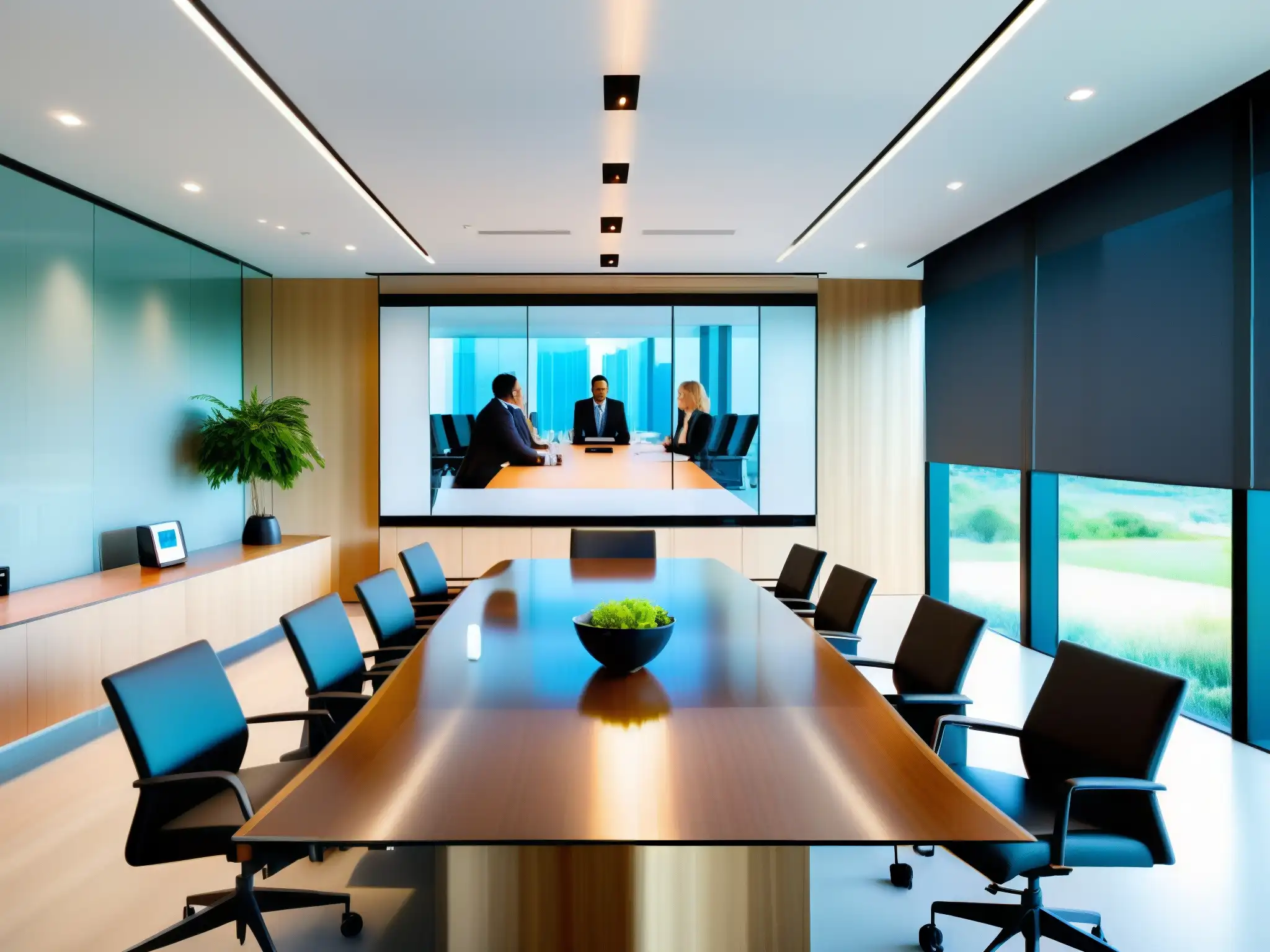 Sala de conferencias moderna con videoconferencia dinámica Una sala de conferencias moderna con una elegante mesa de madera, iluminada por luz natural a través de amplias ventanas