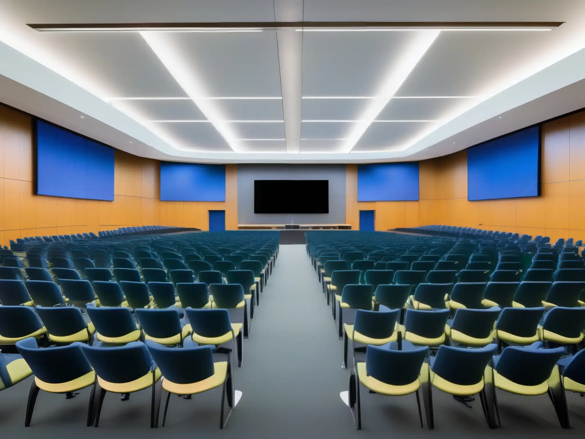Salón de conferencias moderno con tecnología avanzada y ambiente innovador Una sala de conferencias moderna y espaciosa con tecnología de vanguardia y un ambiente acogedor, perfecta para la integración de tecnología avanzada en la educación superior con BlueJeans Network
