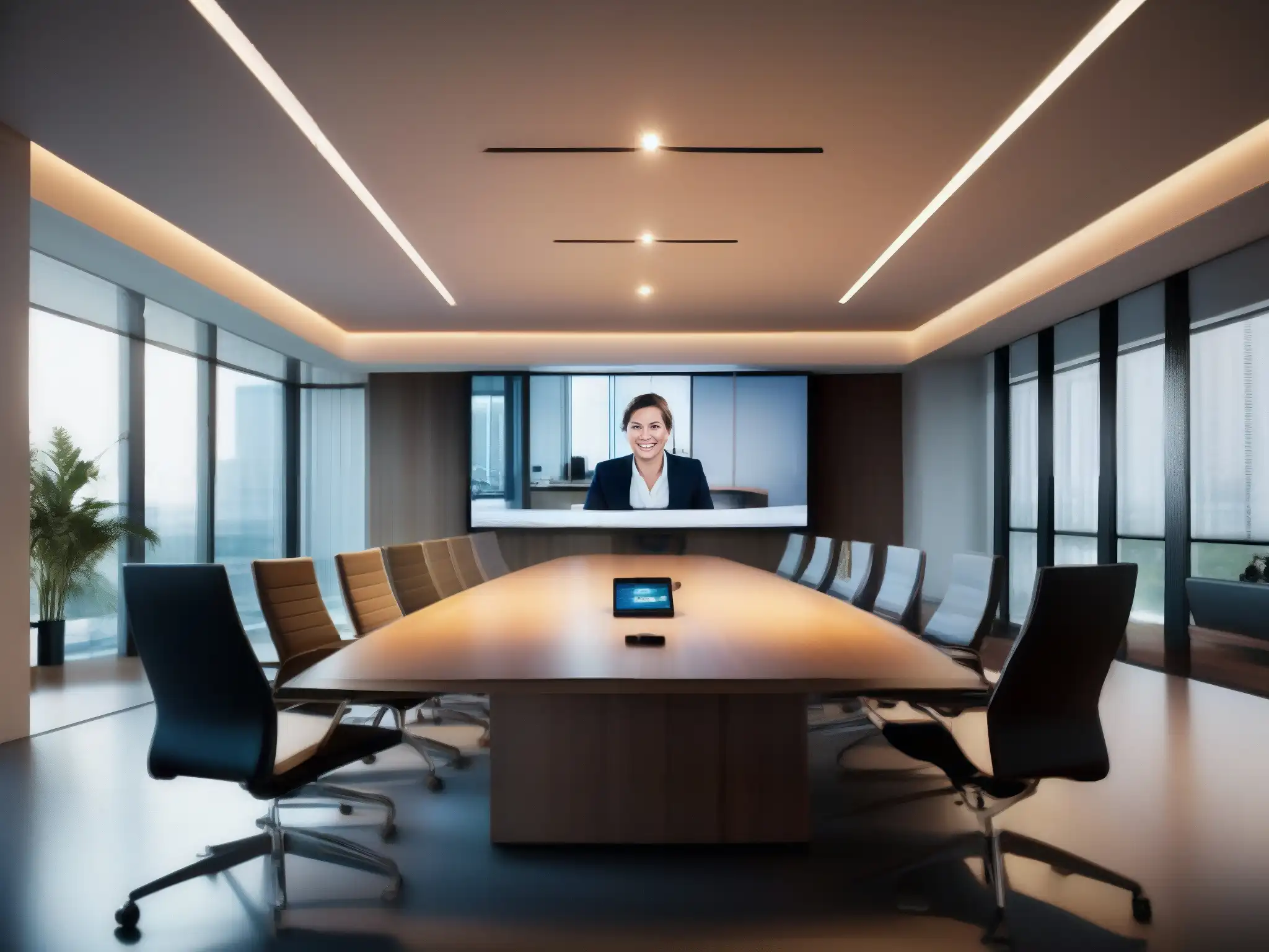 Sala de conferencias moderna con videoconferencia de alta calidad Una sala de conferencias moderna con integraciones clave BlueJeans para empresas en una videoconferencia profesional y acogedora