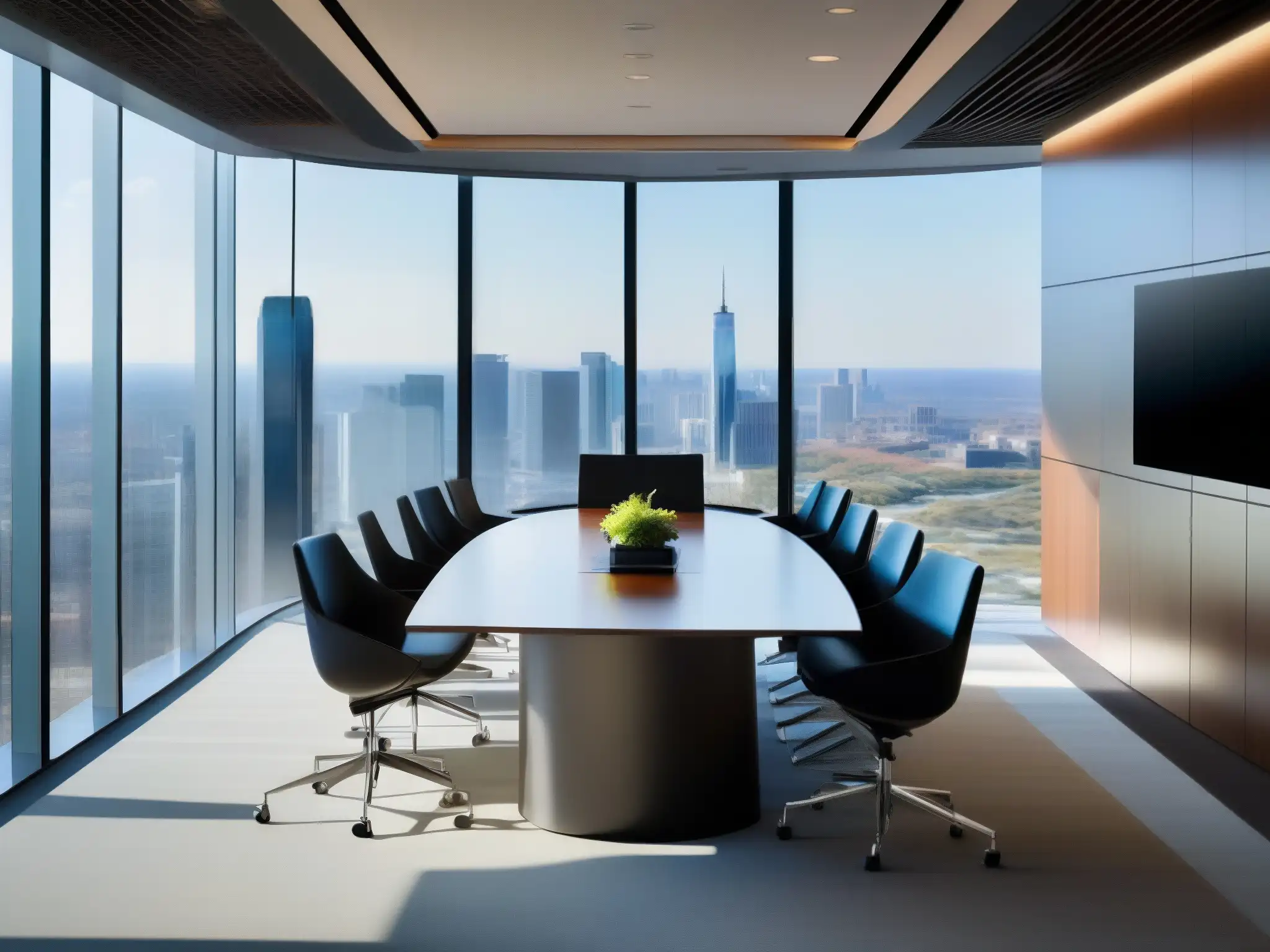 Sala de conferencias moderna con vista a la ciudad y tecnología de vanguardia Una sala de conferencias moderna con luz natural y vista a la ciudad