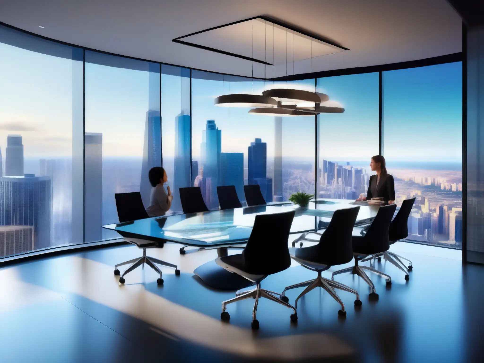 Sala de conferencias tecnológica con vista a la ciudad Una sala de conferencias moderna con una mesa de vidrio elegante rodeada de sillas ergonómicas