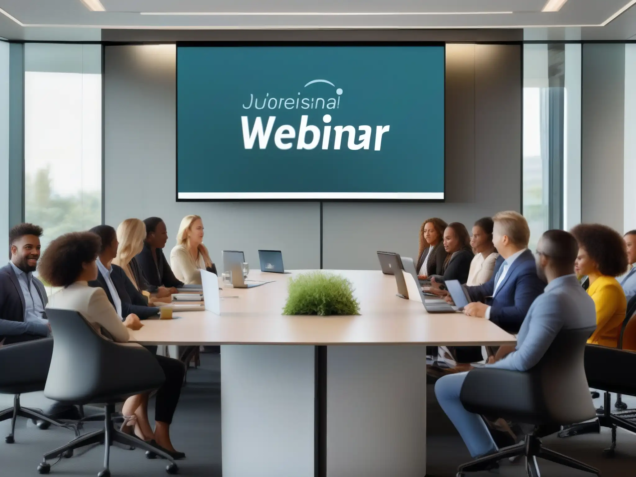 Sala de conferencias moderna con webinar profesional en ClickMeeting Una sala de conferencias moderna, con pantalla grande mostrando un webinar profesional usando las herramientas de videoconferencia para PYMEs