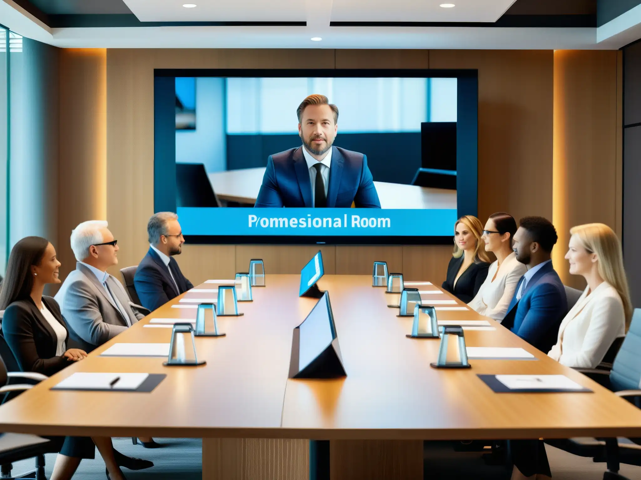 Una sala de conferencias moderna con una videoconferencia en pantalla, reflejando productividad y colaboración
