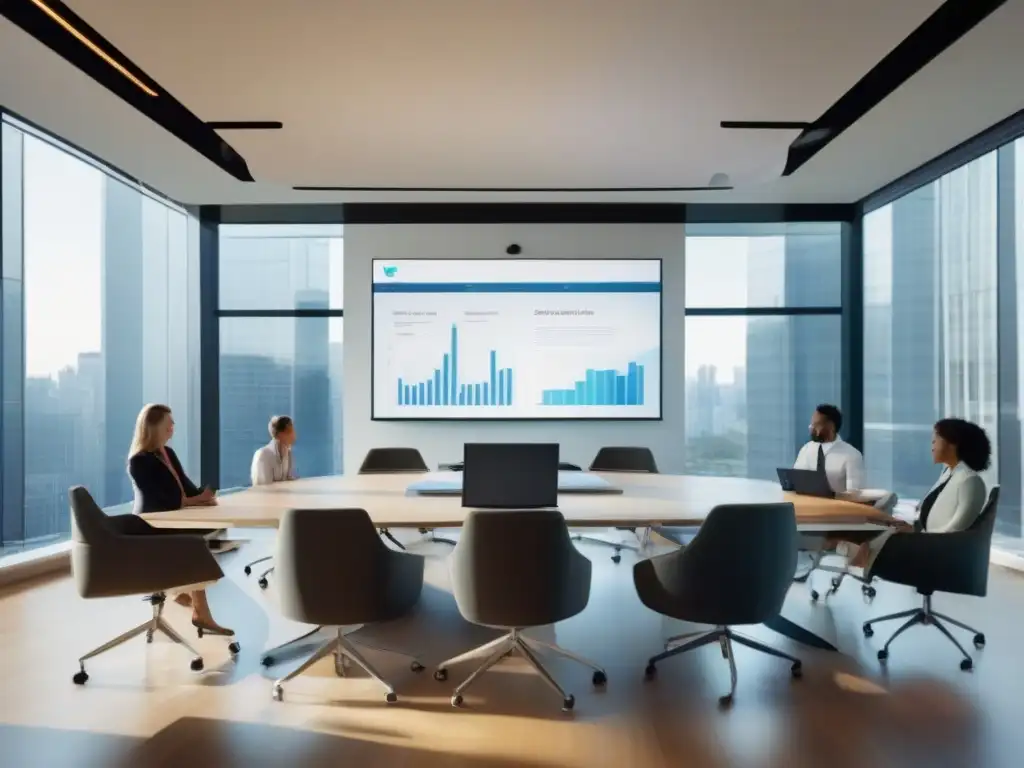 Sala de conferencias moderna: profesionalismo y colaboración Una sala de conferencias moderna con videoconferencias seguras para PYMES