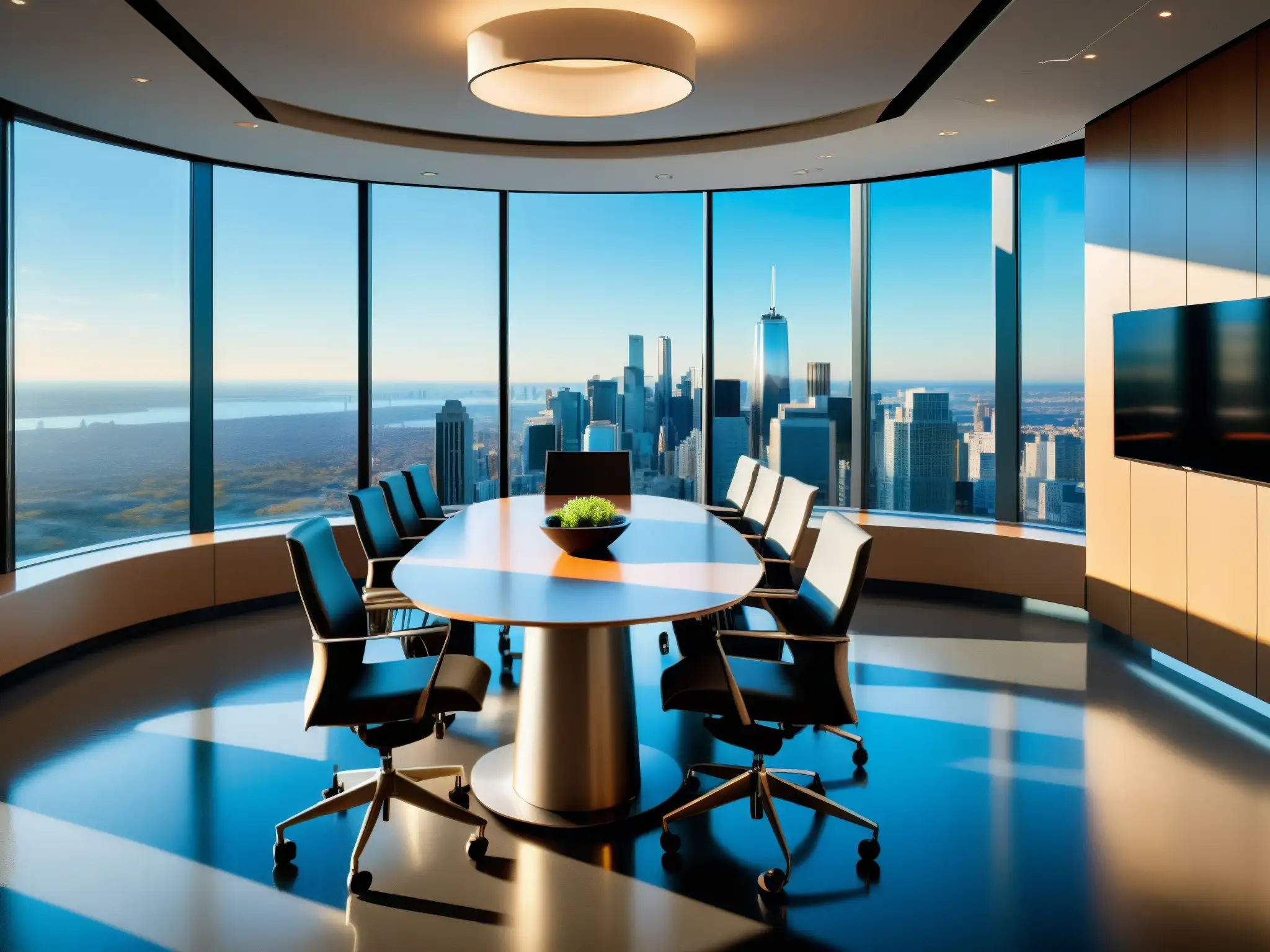 Espacio de reuniones moderno con vista panorámica Una sala de conferencias moderna con vistas a la ciudad, equipada con herramientas de videoconferencia profesionales comparativa