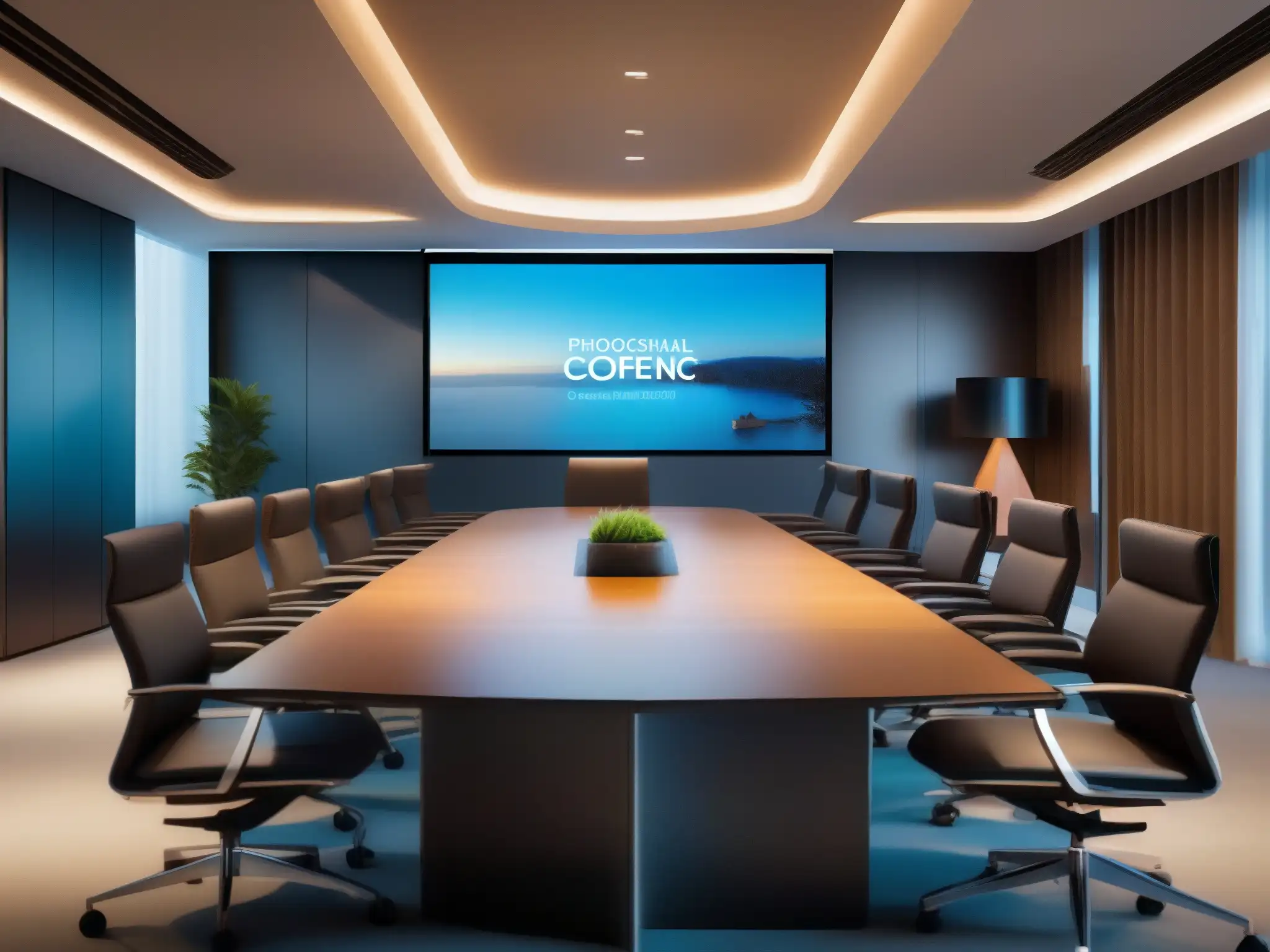 Sala de conferencias virtual de alta tecnología: colaboración eficiente Una sala de conferencias virtual moderna y elegante, ideal para videoconferencias virtuales con profesionales comprometidos en una reunión productiva
