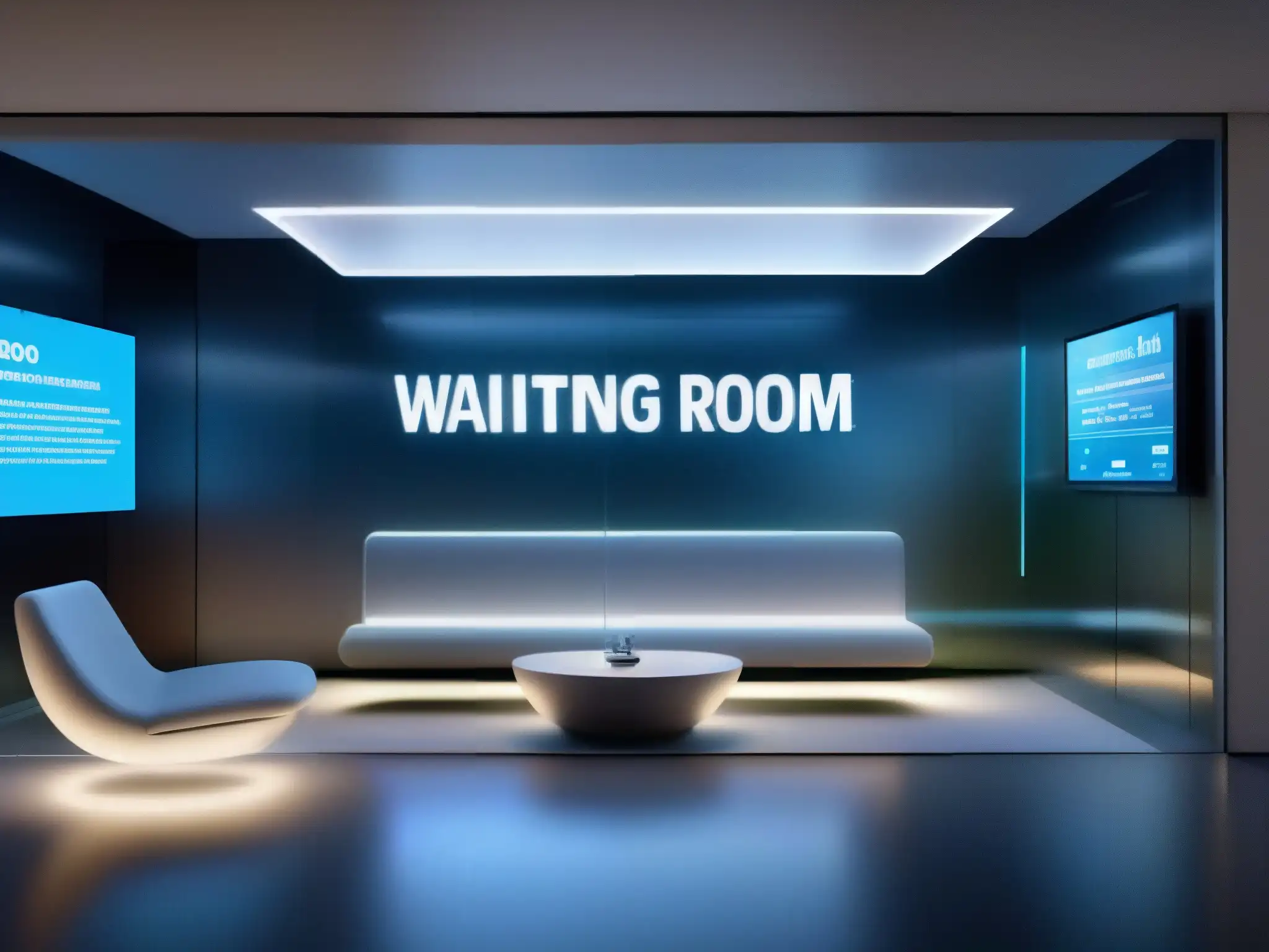 Sala de espera virtual ultradetallada en 8K: diseño moderno y seguro Una sala de espera virtual con diseño moderno y seguro, con protocolos de seguridad visibles en pantallas digitales