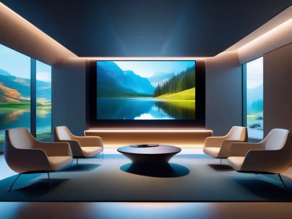 Sala de Espera Virtual Futurista: Eficiencia y Tranquilidad Una sala de espera virtual moderna y eficiente con profesionales y estudiantes colaborando en actividades productivas