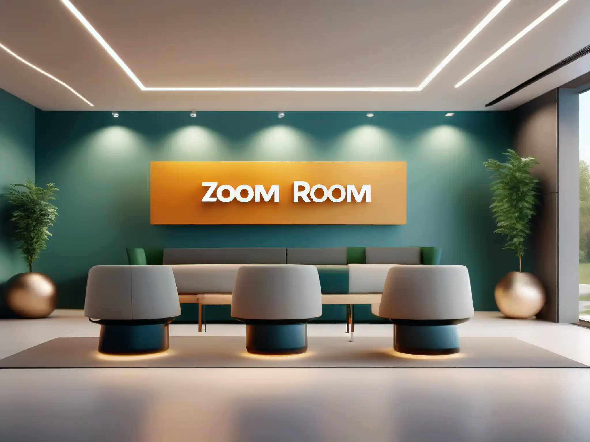 Sala de Espera Virtual Profesional y Confortable en Zoom Una sala de espera virtual moderna y profesional en Zoom, con diseño elegante, iluminación natural y elementos educativos