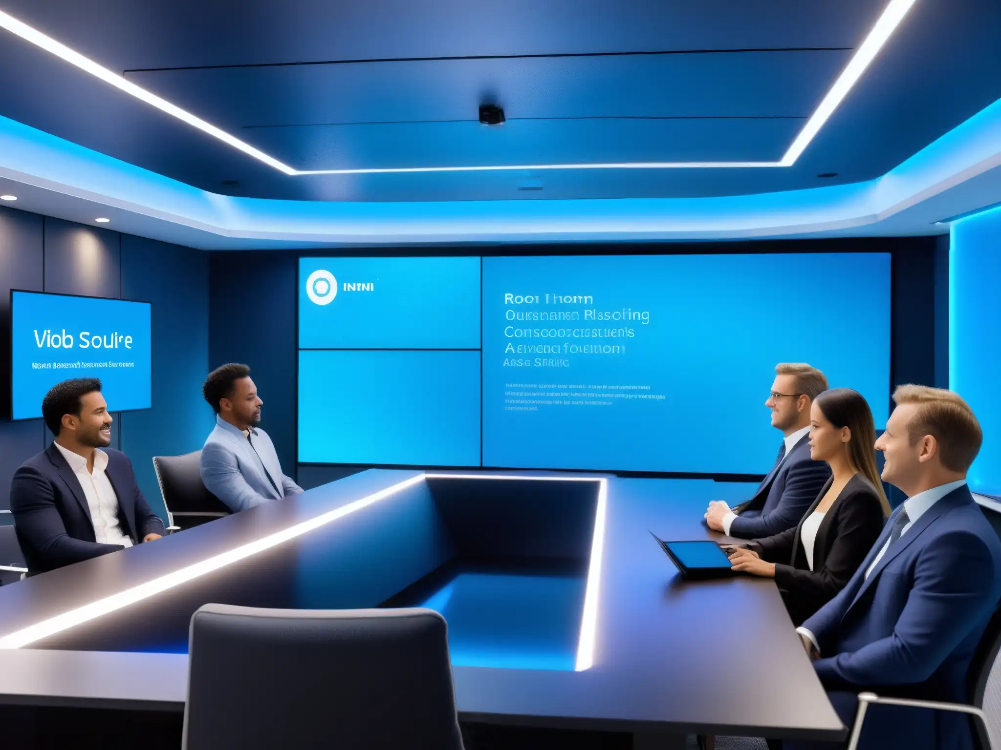 Sistema de videoconferencia futurista con análisis de datos en tiempo real Una sala futurista con sistema de videoconferencia mostrando datos en tiempo real