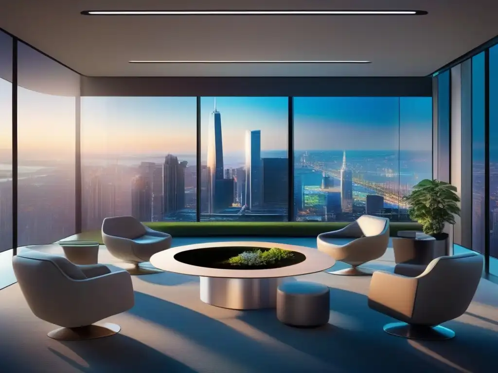 Sala de videoconferencias futurista con IA y hologramas Una sala futurista de videoconferencias con tecnología de IA, integrando espacios virtuales y físicos