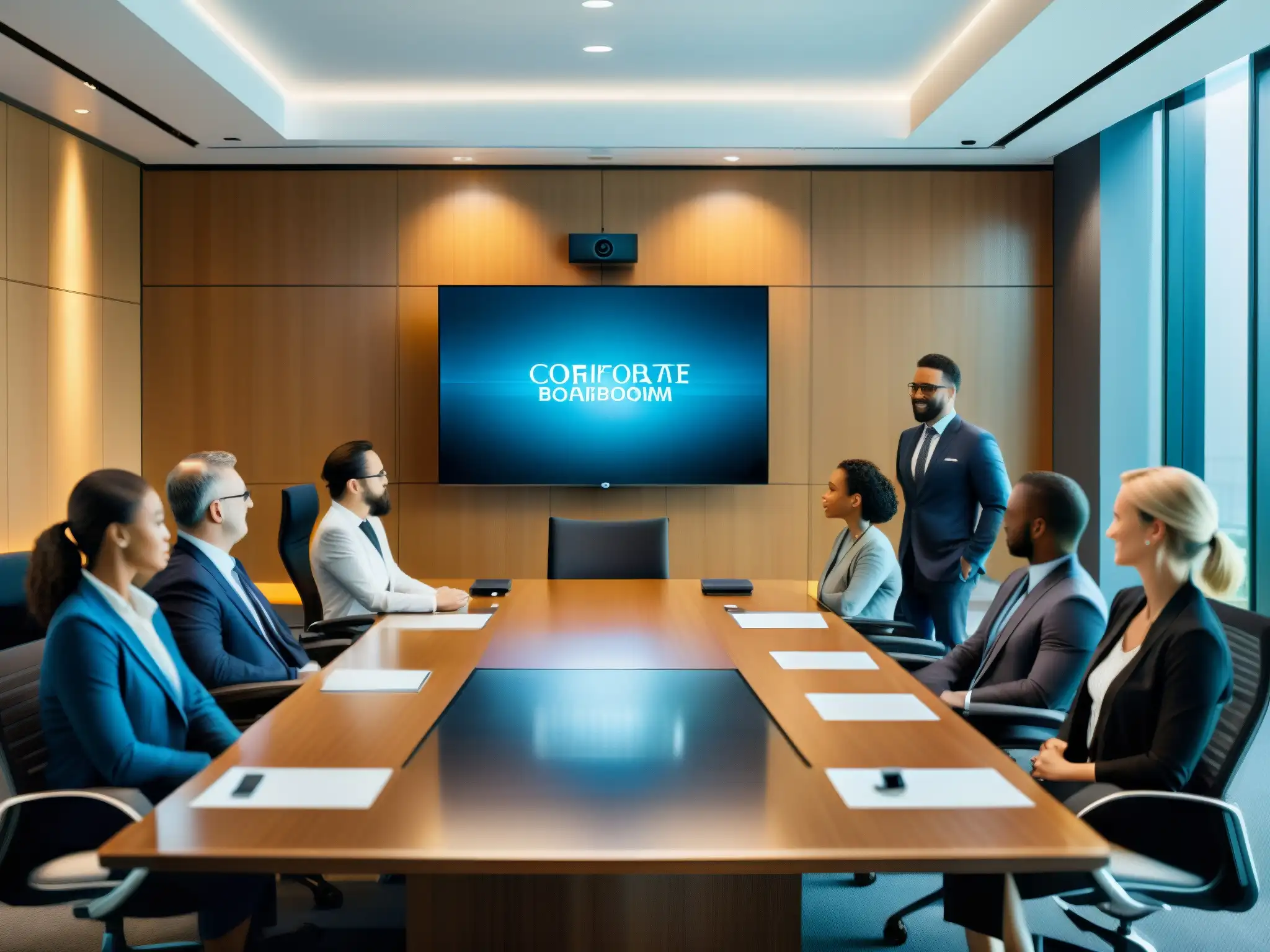 Sala de juntas ultradetallada con videoconferencia segura y profesional Una sala de juntas corporativa moderna y segura, con tecnología de vanguardia y participantes profesionales en una videoconferencia
