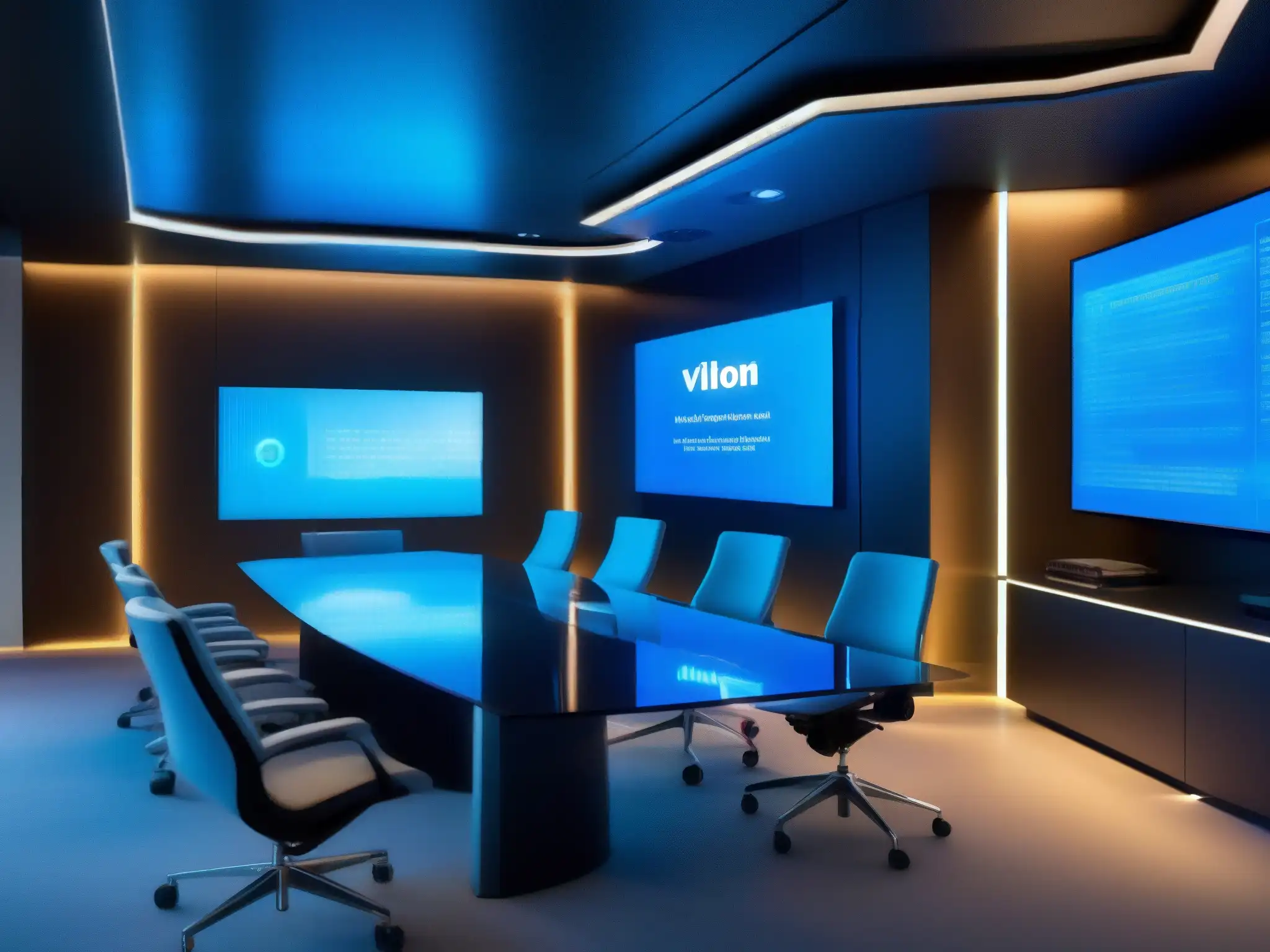Sala de juntas futurista con tecnología de videoconferencia de vanguardia Una sala de juntas futurista con paredes de vidrio y equipo de videoconferencia de alta tecnología