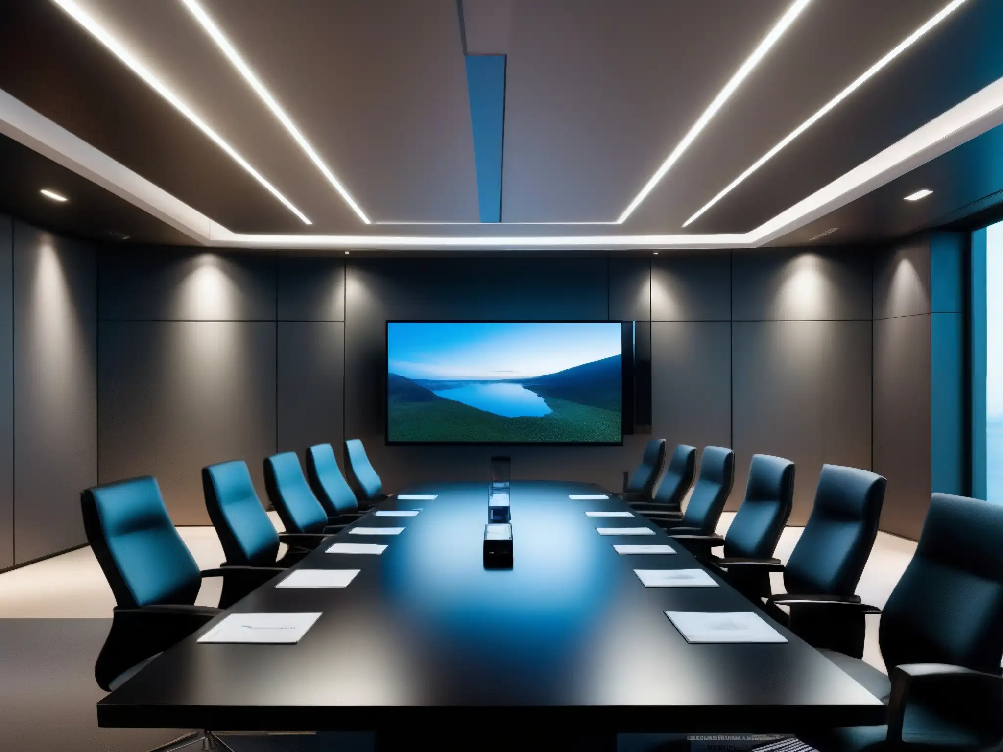 Sala de juntas futurista con videoconferencia de alta definición Una sala de juntas moderna y futurista con una gran pantalla de videoconferencia