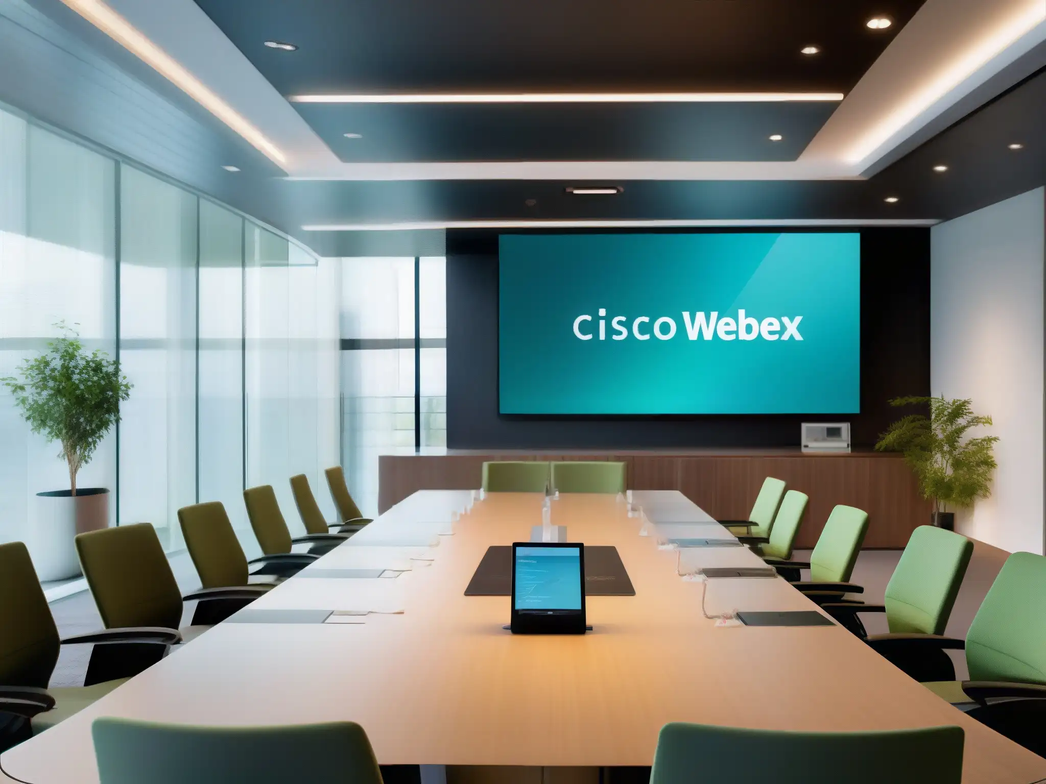 Sala de juntas moderna con Webex: reunión eficiente y colaborativa Una sala de juntas moderna con Cisco Webex en pantalla, reflejando una reunión profesional en progreso con audio cristalino y video de alta definición