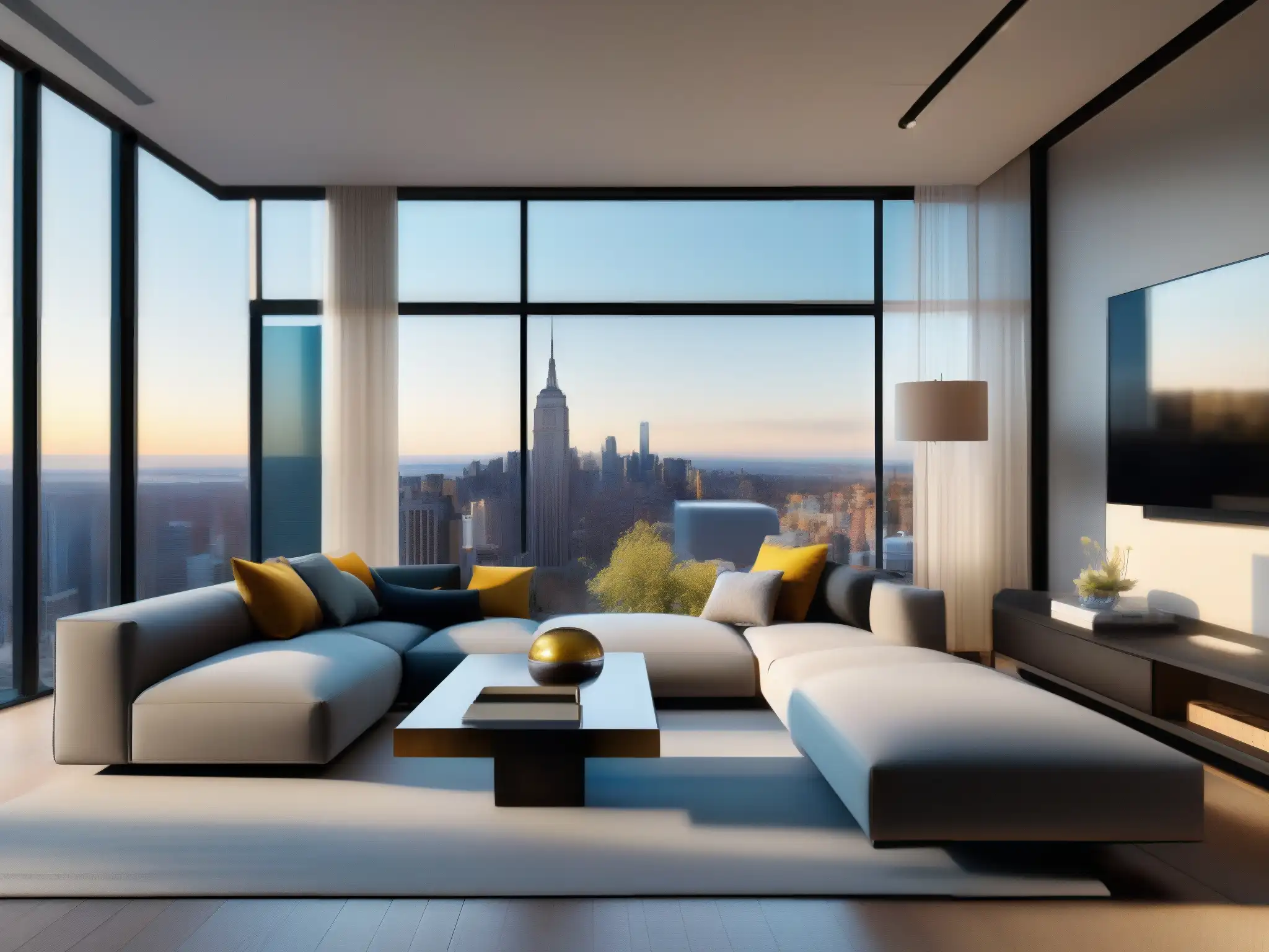 Moderno salón 8k con vista a la ciudad Una sala de estar moderna y elegante con grandes ventanales y vistas a la ciudad