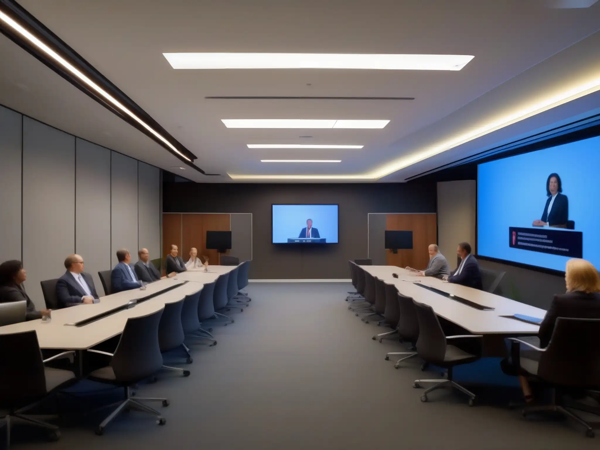 Webinar profesional con participantes comprometidos Una sala de webinar moderna y espaciosa con iluminación profesional y equipo de videoconferencia de alta gama