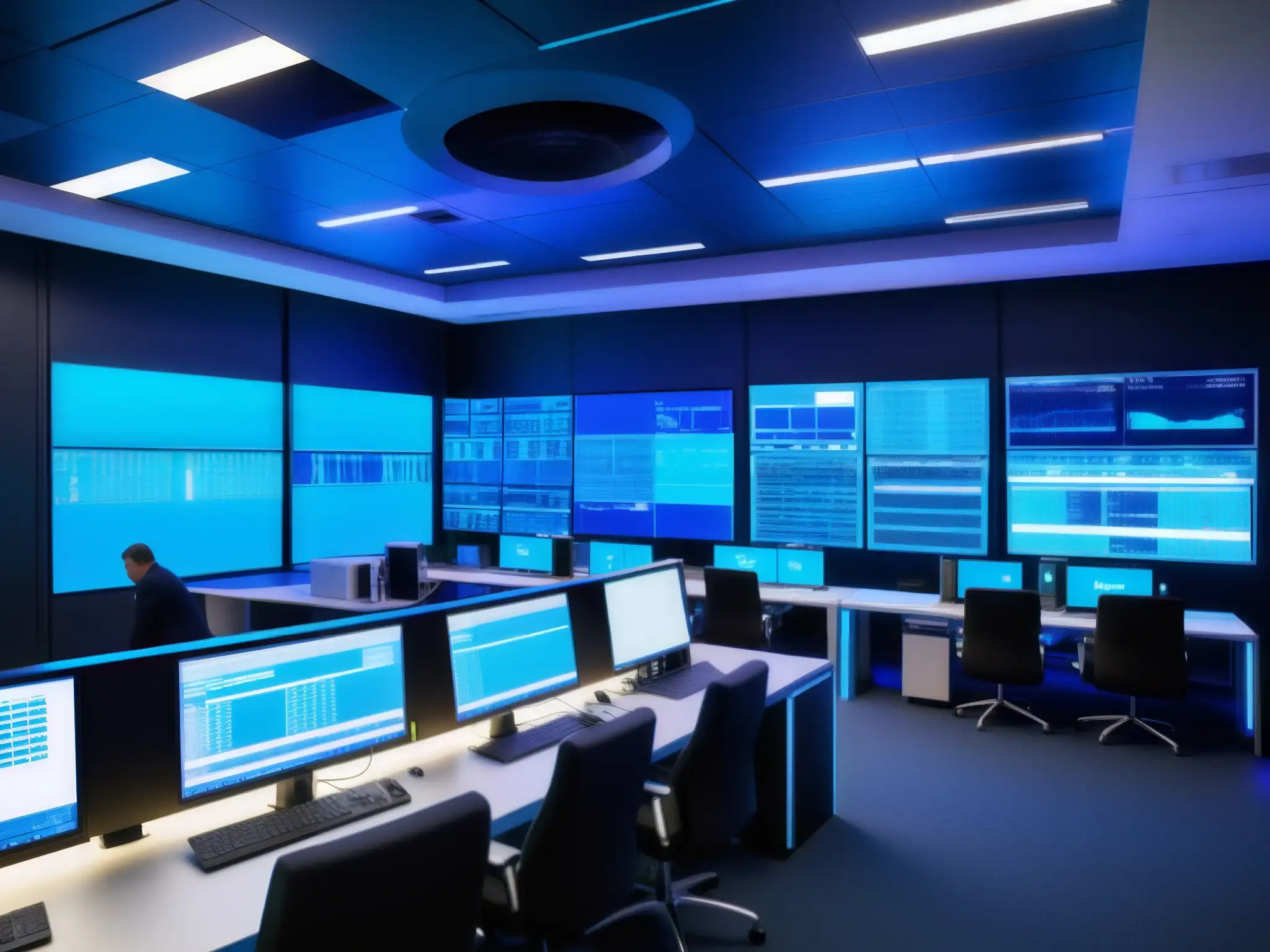 Centro de operaciones de red (NOC) de alta tecnología y eficiencia Una sala de operaciones de red con servidores y equipo de red moderno, iluminada en azul, transmite eficiencia y profesionalismo