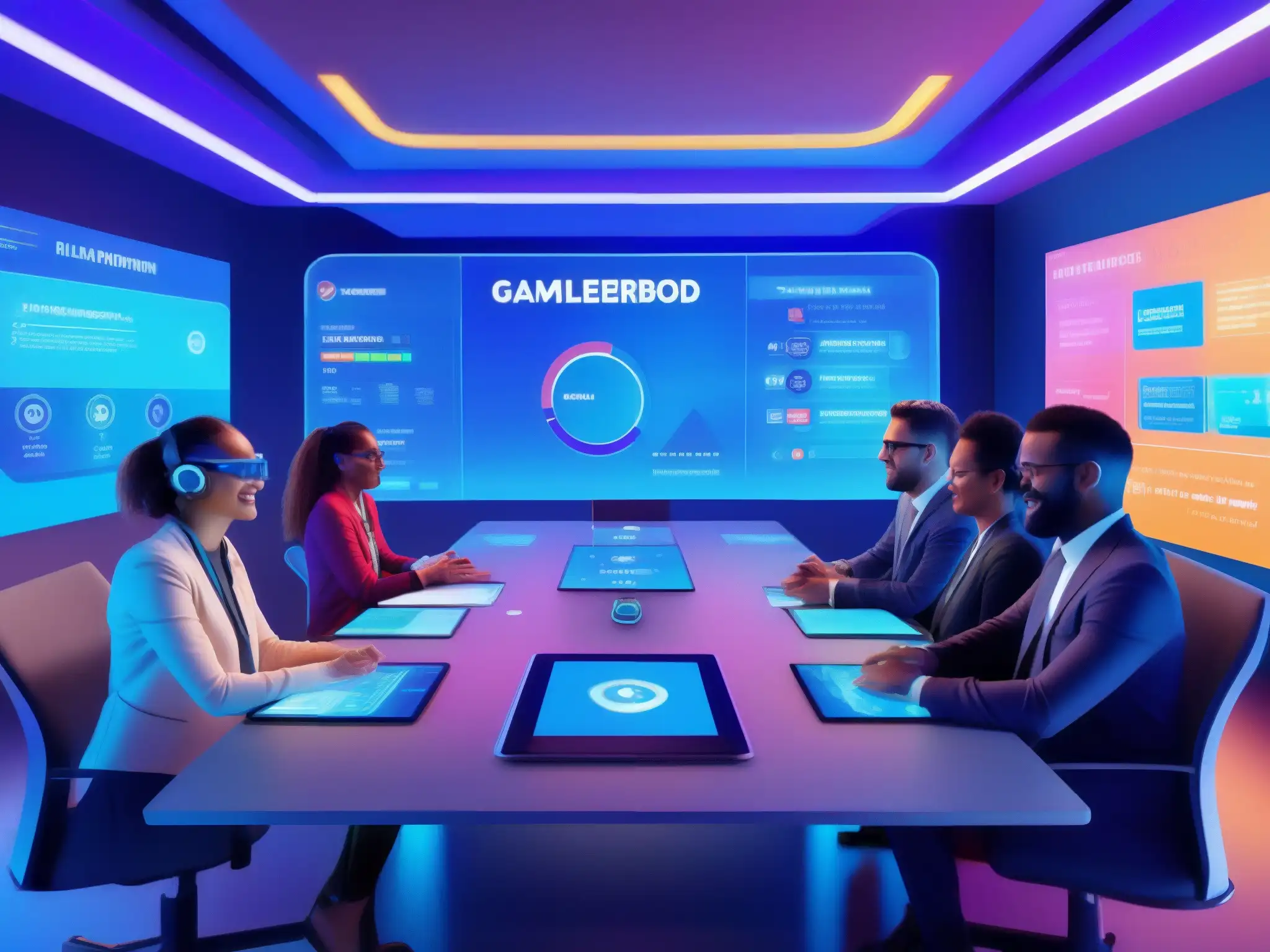 Sala de reuniones virtuales futurista con gamificación interactiva y discusiones dinámicas Una sala de reuniones futurista con elementos de gamificación en videoconferencias profesionales, profesionales colaborando y gráficos holográficos